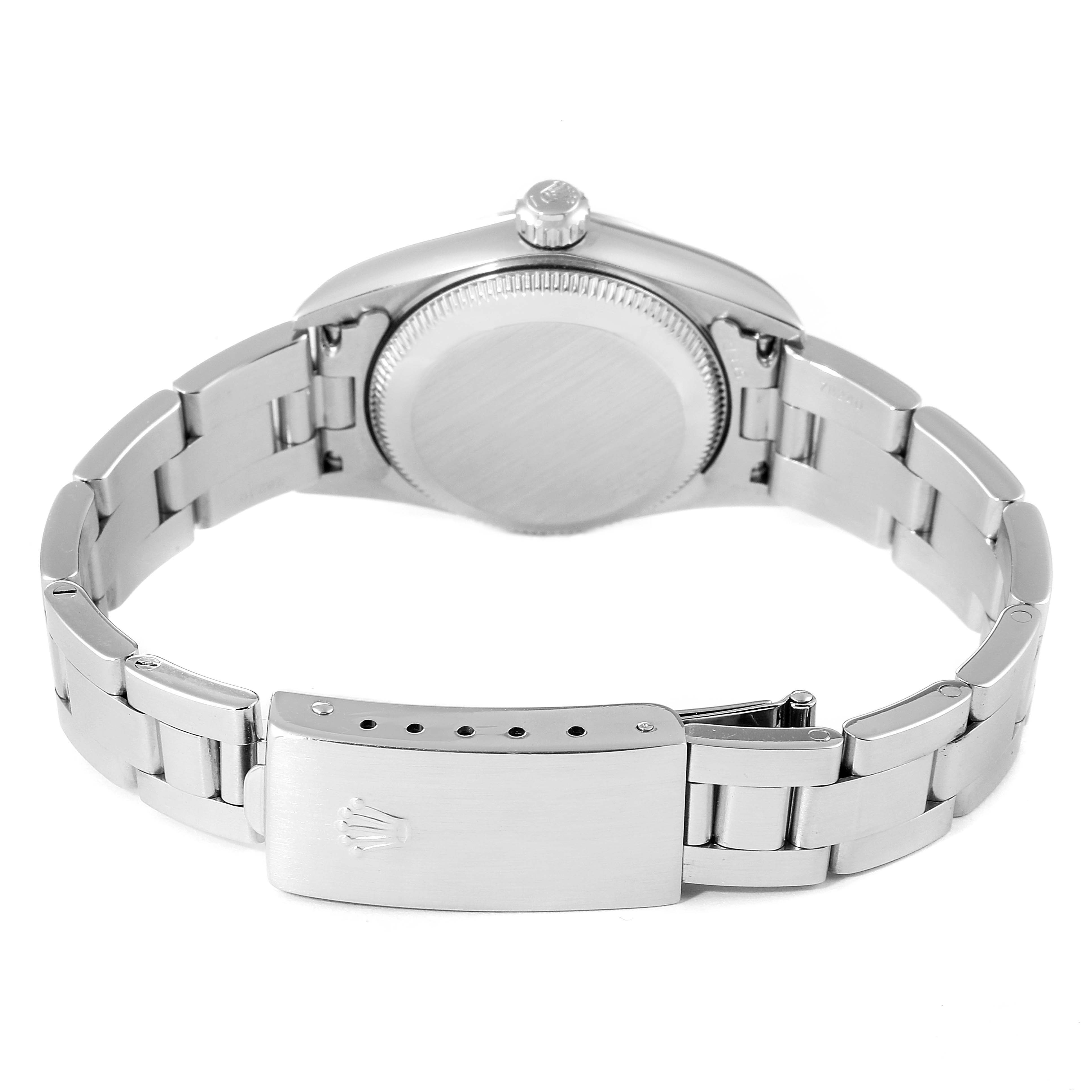 The image shows the back view of a Rolex Oyster Perpetual 76080 Women's Stainless Steel Pink Dial 76080 Women's Stainless Steel Pink Dial watch, highlighting the bracelet and clasp.