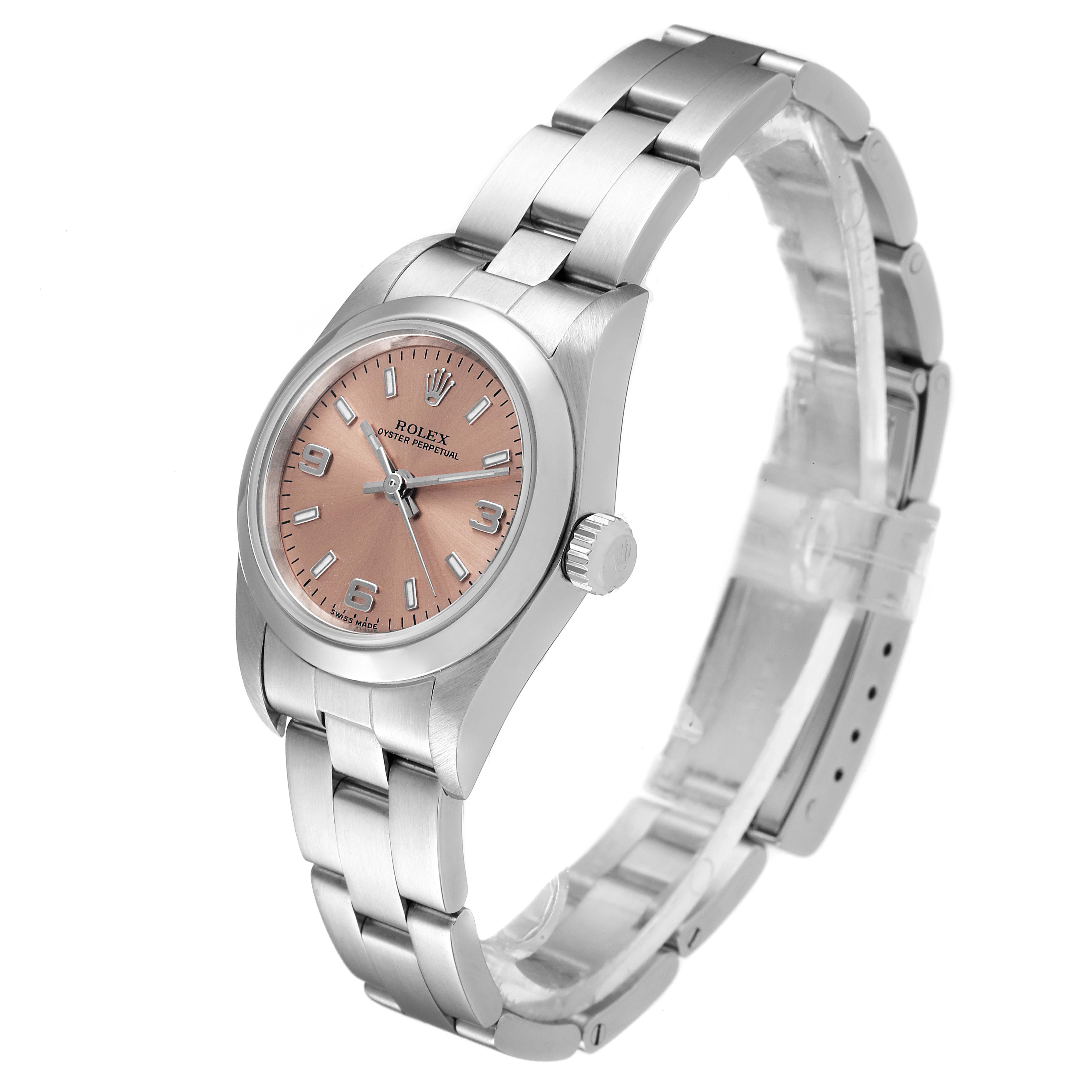 This image shows a Rolex Oyster Perpetual 76080 Women's Stainless Steel Pink Dial 76080 Women's Stainless Steel Pink Dial watch at a three-quarter angle, highlighting its face, case, and bracelet.