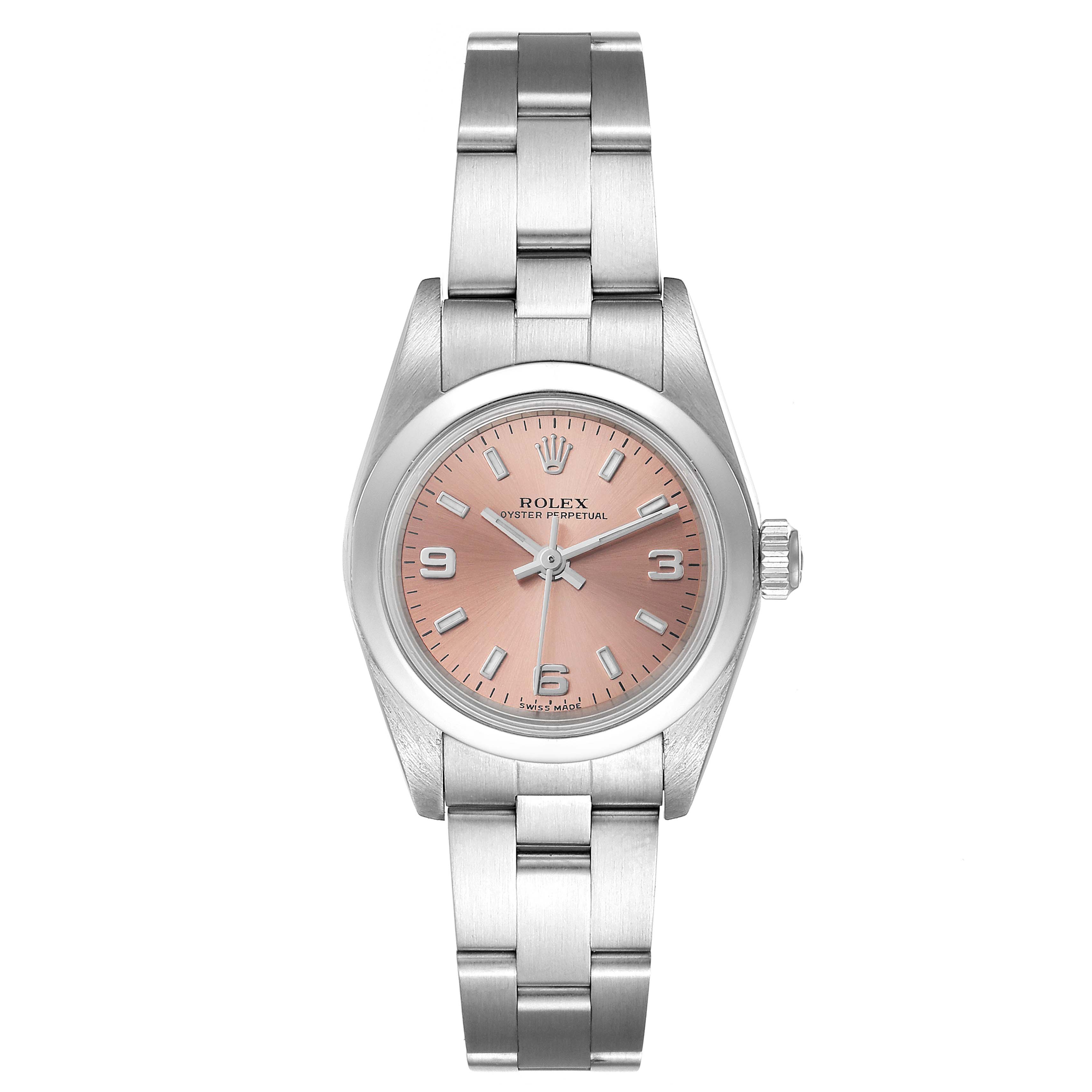 The image shows a front view of the Rolex Oyster Perpetual 76080 Women's Stainless Steel Pink Dial 76080 Women's Stainless Steel Pink Dial featuring a pink dial and a stainless steel bracelet.