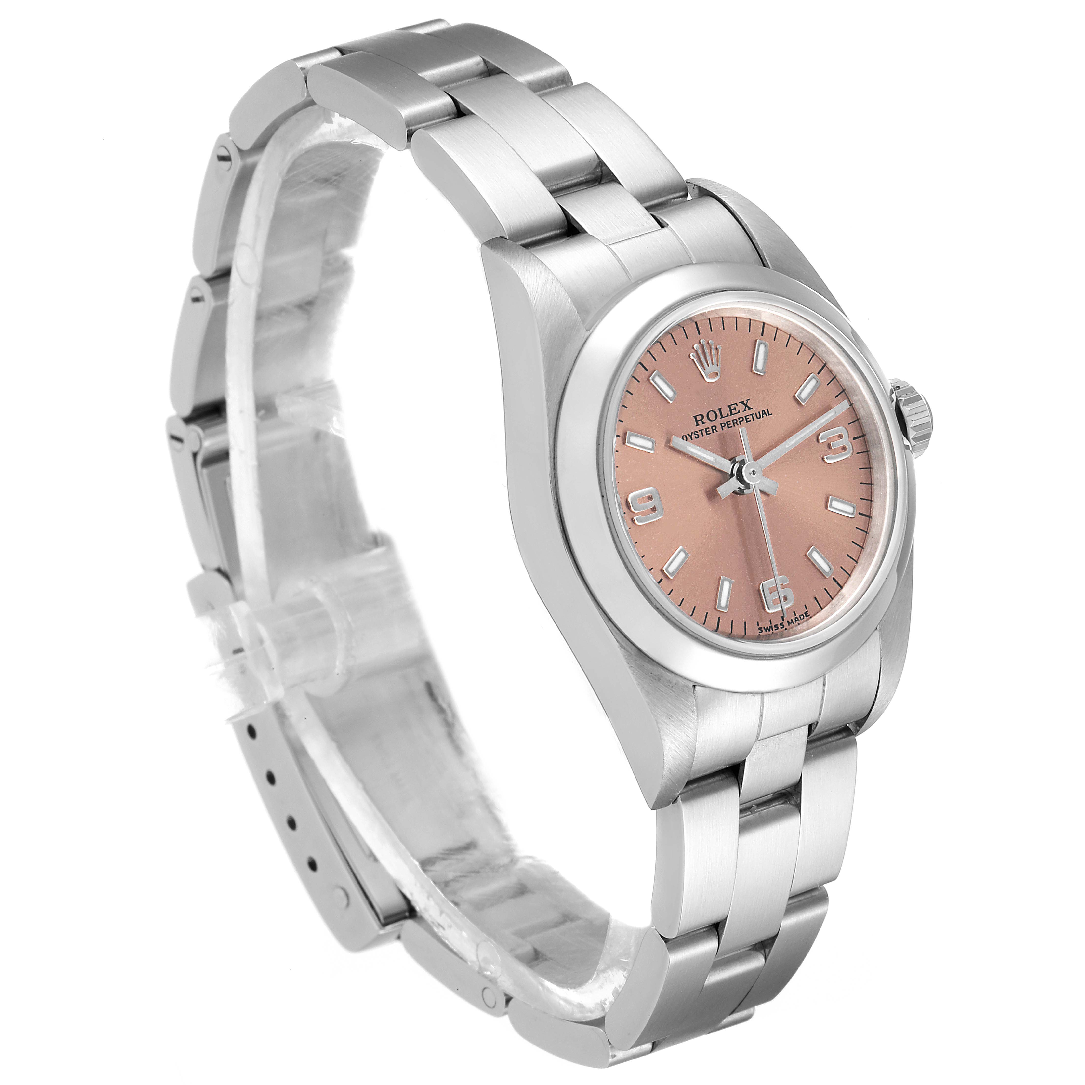 The image shows a Rolex Oyster Perpetual 76080 Women
s Stainless Steel Pink Dial 76080 Women
s Stainless Steel Pink Dial watch at a slight three-quarter angle, displaying the band, face, and crown.