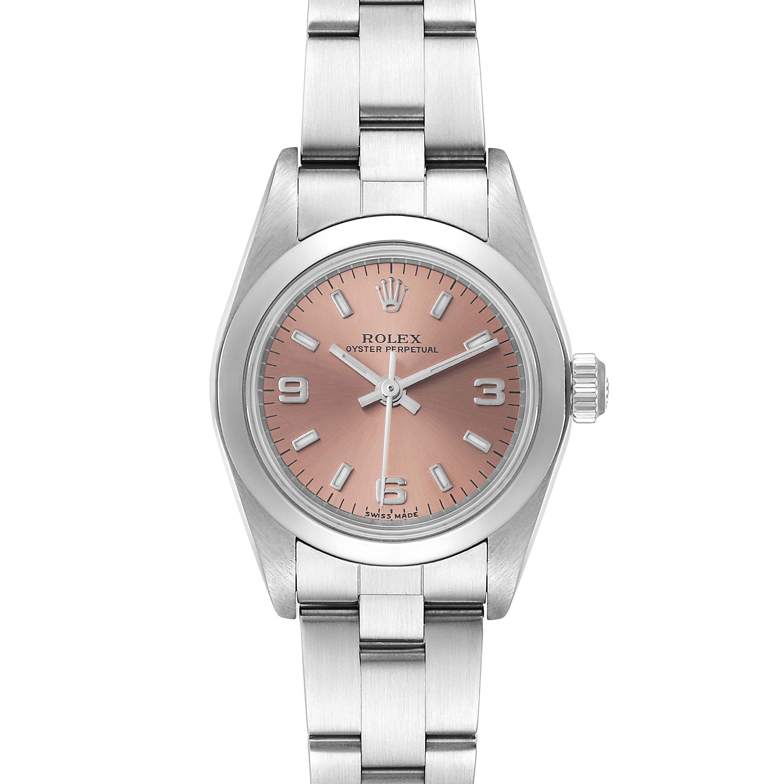 This image shows a front view of a Rolex Oyster Perpetual 76080 Women
s Stainless Steel Pink Dial 76080 Women
s Stainless Steel Pink Dial watch, highlighting its face and bracelet.