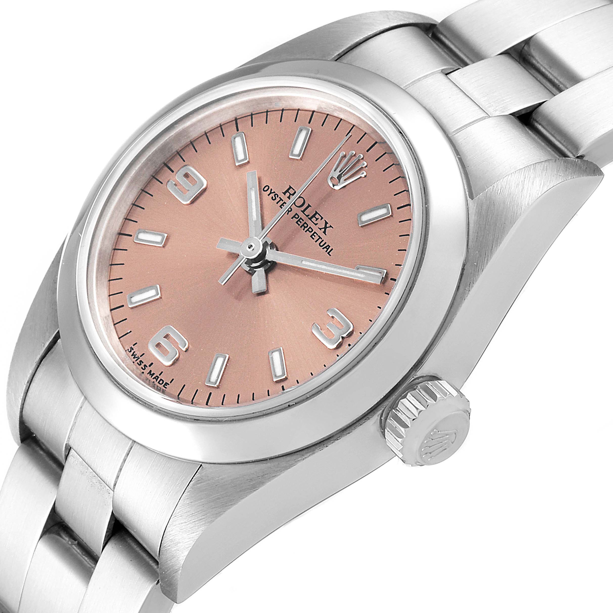 The image shows a close-up angle of a Rolex Oyster Perpetual 76080 Women
s Stainless Steel Pink Dial 76080 Women
s Stainless Steel Pink Dial watch, highlighting the face, crown, and part of the bracelet.