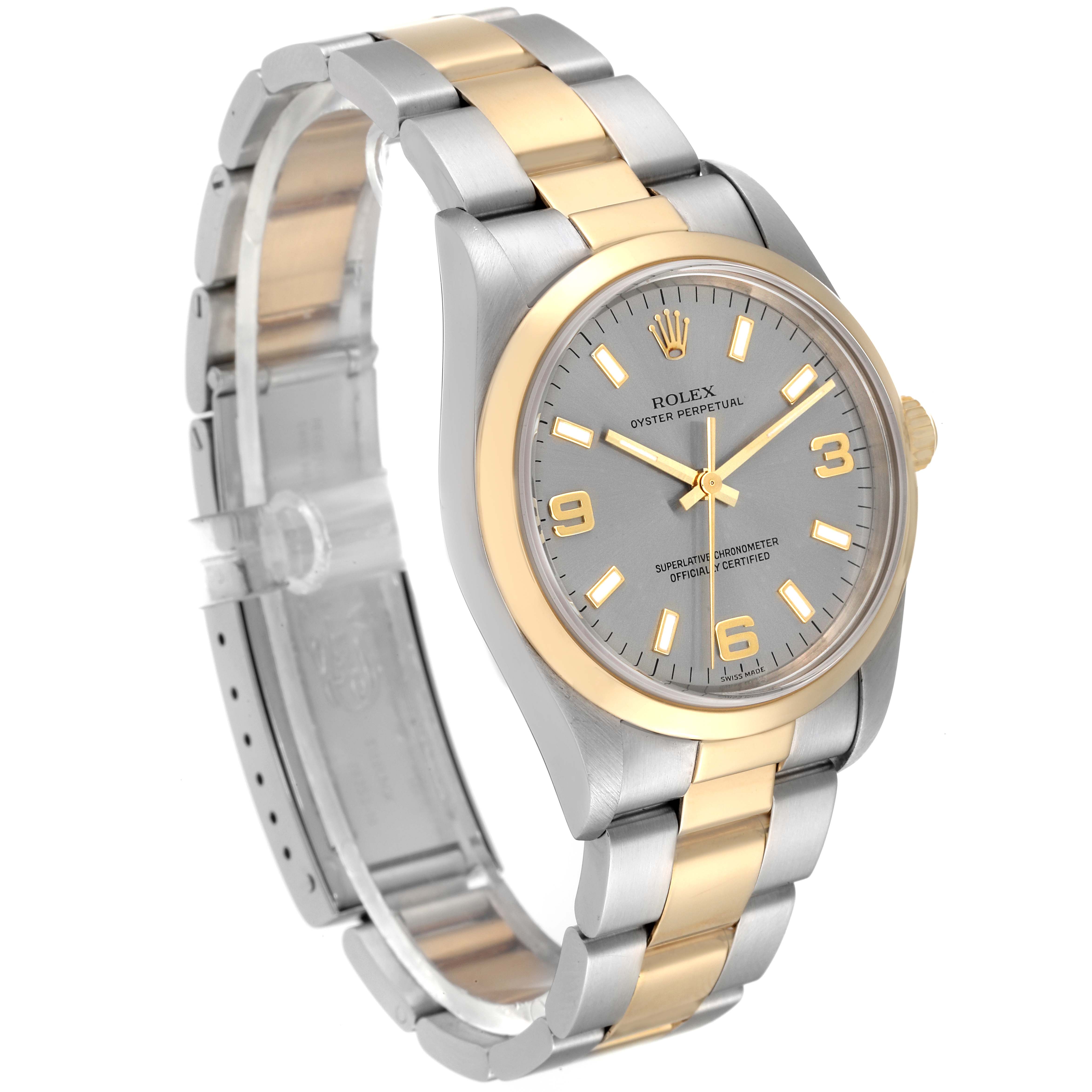 The Rolex Oyster Perpetual 14203 Men's Steel and Gold (two tone) Grey Dial 14203 Men's Steel and Gold (two tone) Grey Dial watch is shown at a slight angle, displaying the face, bezel, and bracelet with a mix of silver and gold colors.