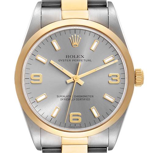 Photo of Rolex Oyster Perpetual Steel Yellow Gold Slate Dial Mens Watch 14203 Box Papers