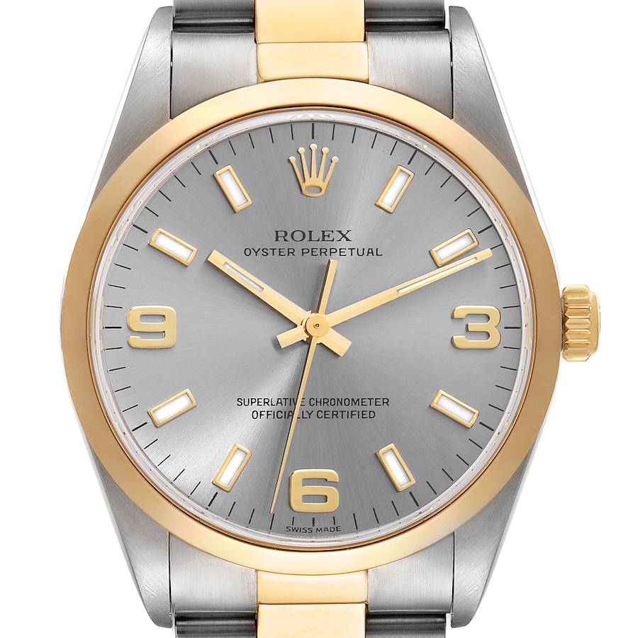 Rolex Oyster Perpetual Steel Yellow Gold Slate Dial Mens Watch 14203 Box Papers SwissWatchExpo