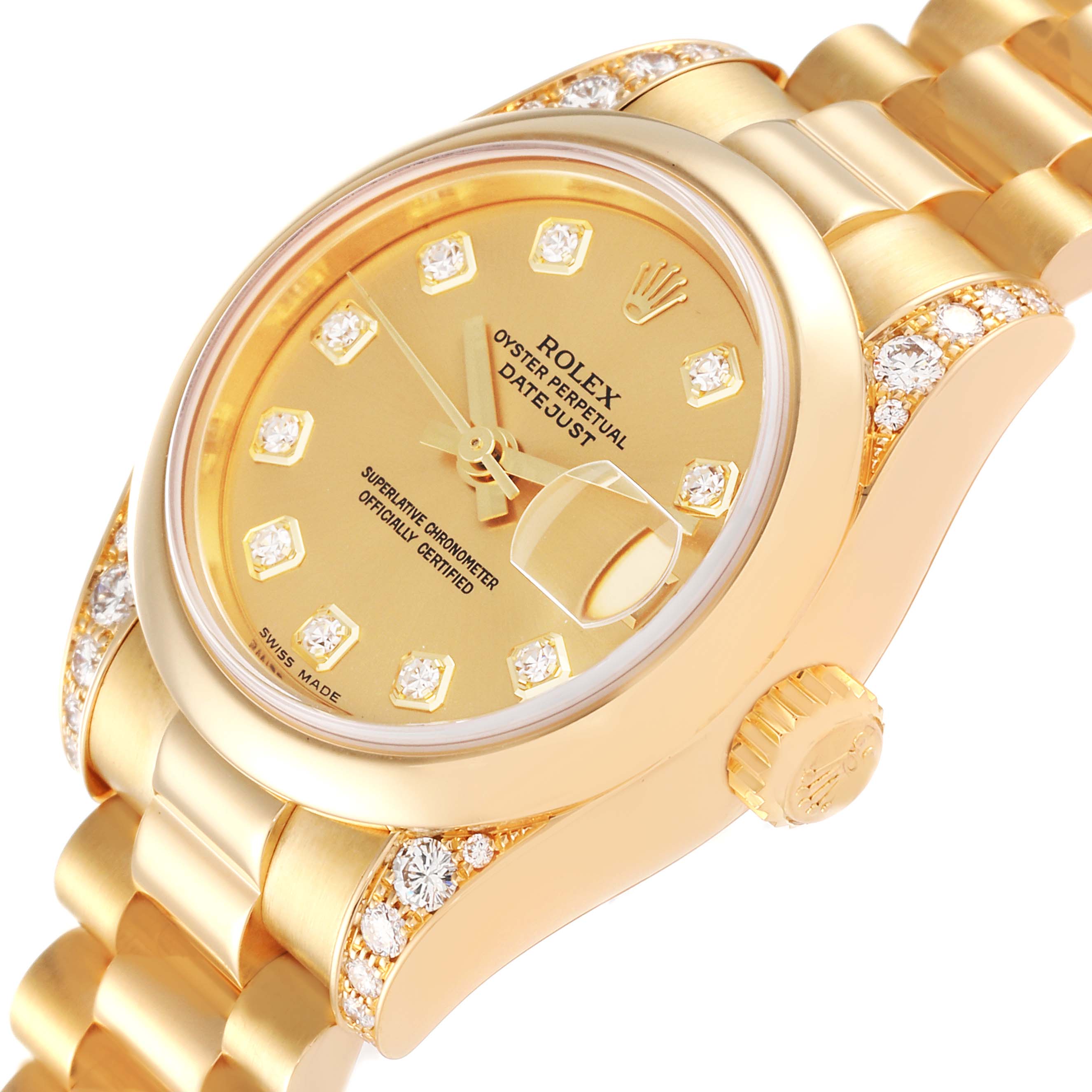 The image shows a close-up view of the Rolex President 179298 Women
s Yellow Gold Champagne Dial 179298 Women
s Yellow Gold Champagne Dial model watch, highlighting its gold bezel, diamond hour markers, and a section of the bracelet.