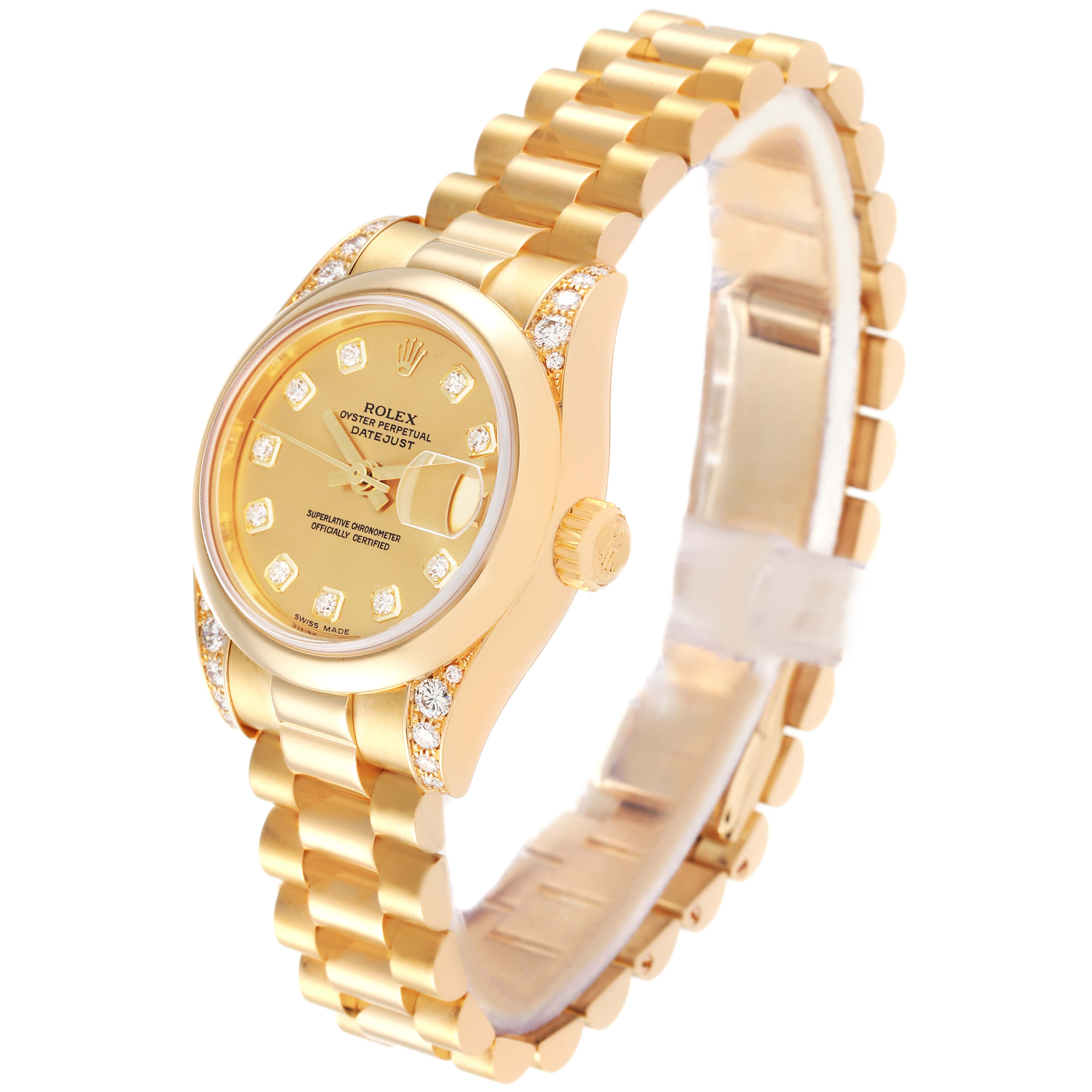 The image shows the front and right side of a Rolex President 179298 Women
s Yellow Gold Champagne Dial 179298 Women
s Yellow Gold Champagne Dial model watch, highlighting the dial, bezel, bracelet, and crown.