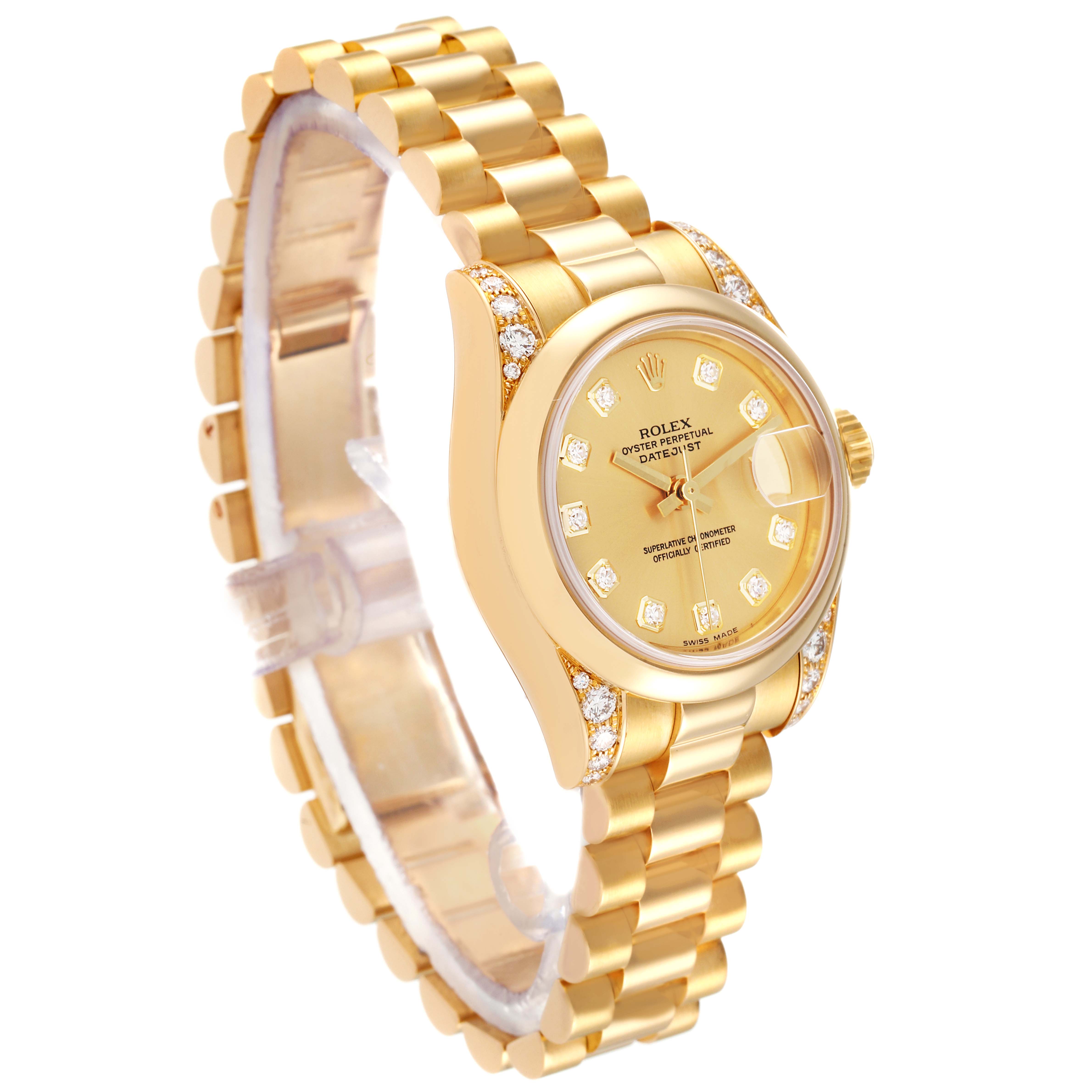 The image shows a Rolex President 179298 Women
s Yellow Gold Champagne Dial 179298 Women
s Yellow Gold Champagne Dial model watch at a three-quarter angle, highlighting the gold case, bracelet, and diamond markers.