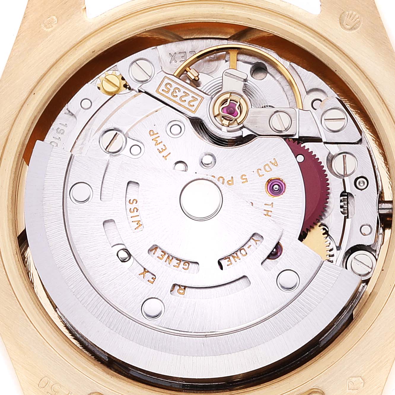 The image shows the inner mechanical movement and components of the Rolex President 179298 Women
s Yellow Gold Champagne Dial 179298 Women
s Yellow Gold Champagne Dial model watch from a top-down angle.