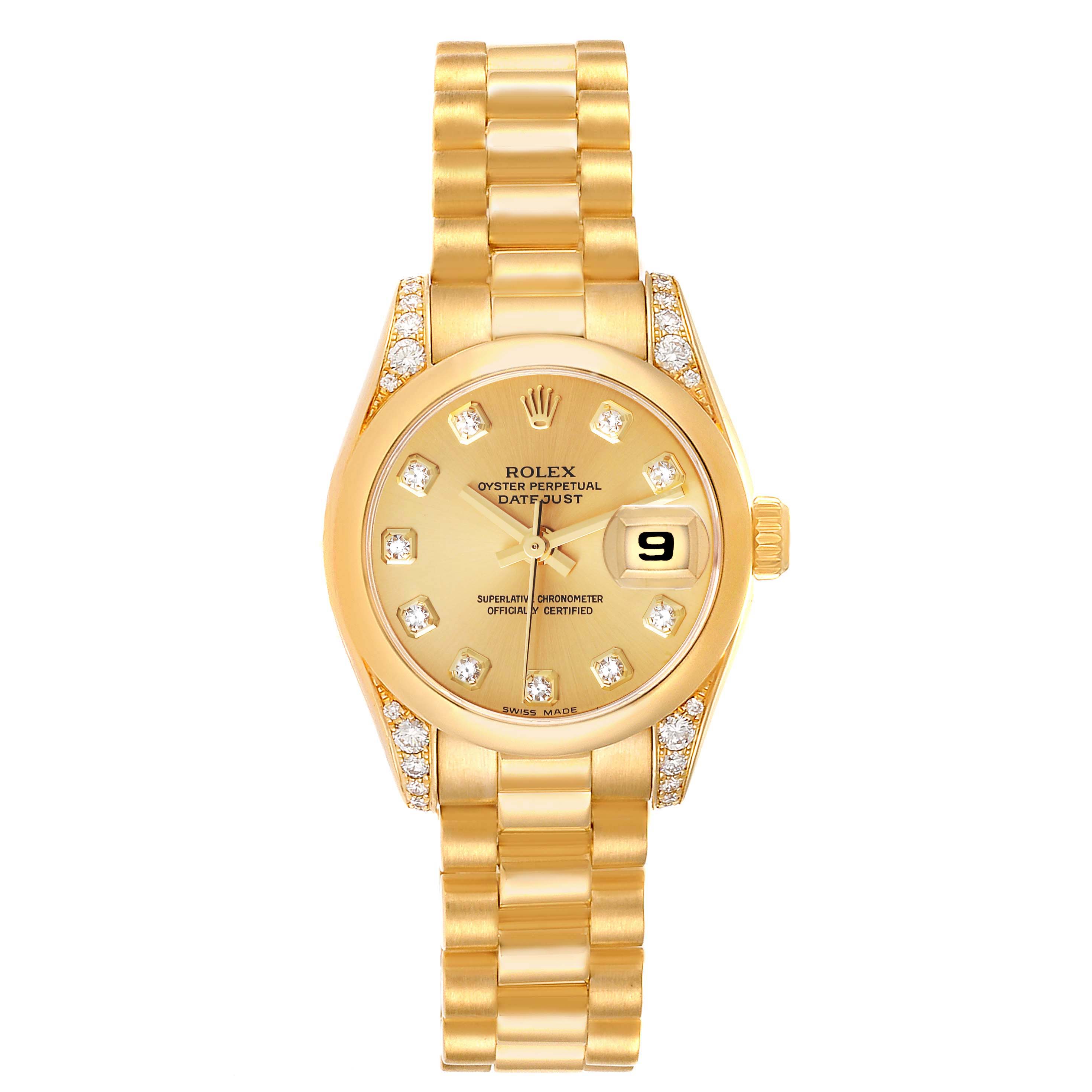 The Rolex President 179298 Women
s Yellow Gold Champagne Dial 179298 Women
s Yellow Gold Champagne Dial model watch is shown in a front view, highlighting its gold band, diamond markers, and date feature.