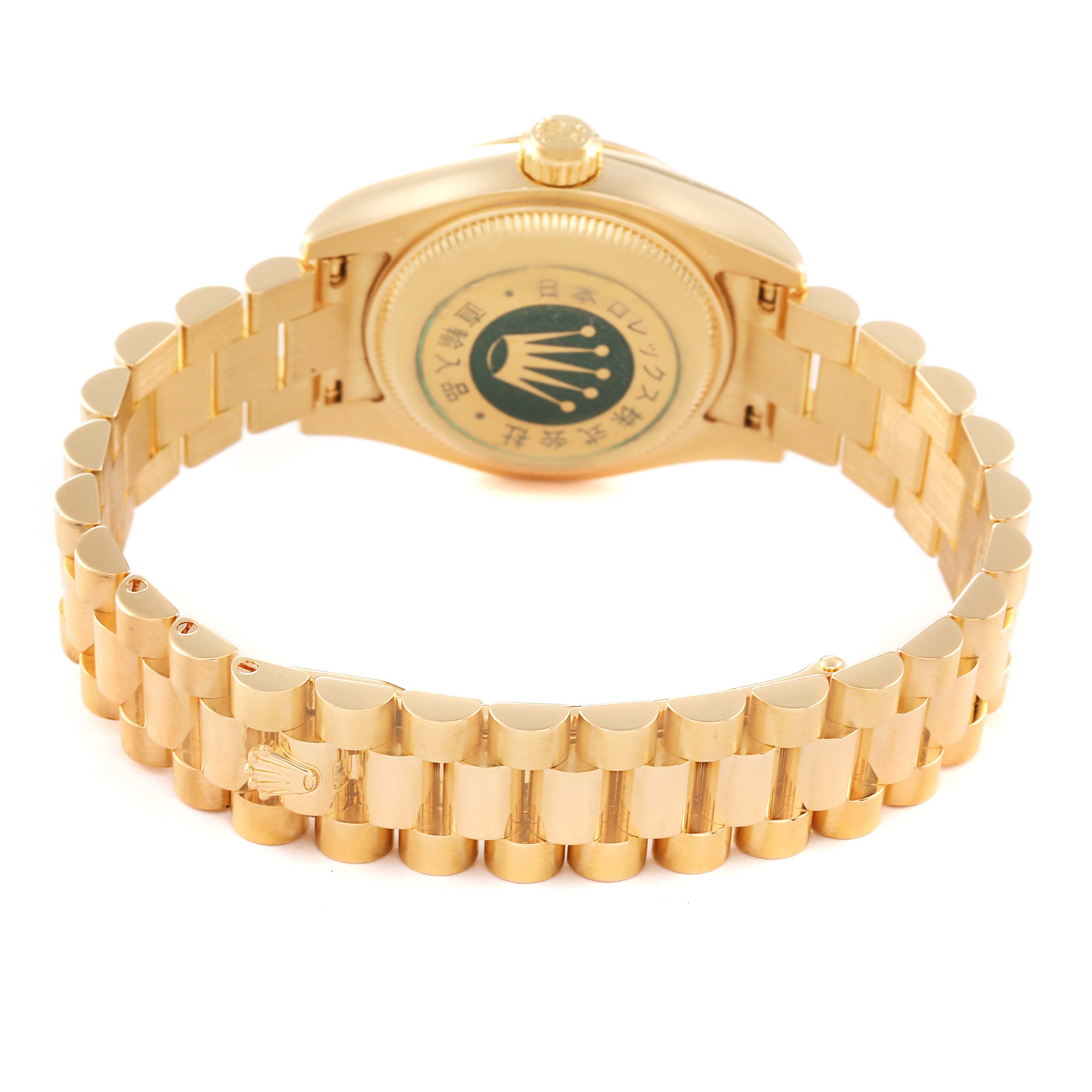The image shows the back case and bracelet of a Rolex President 179298 Women
s Yellow Gold Champagne Dial 179298 Women
s Yellow Gold Champagne Dial model watch, viewed from an angled rear perspective.