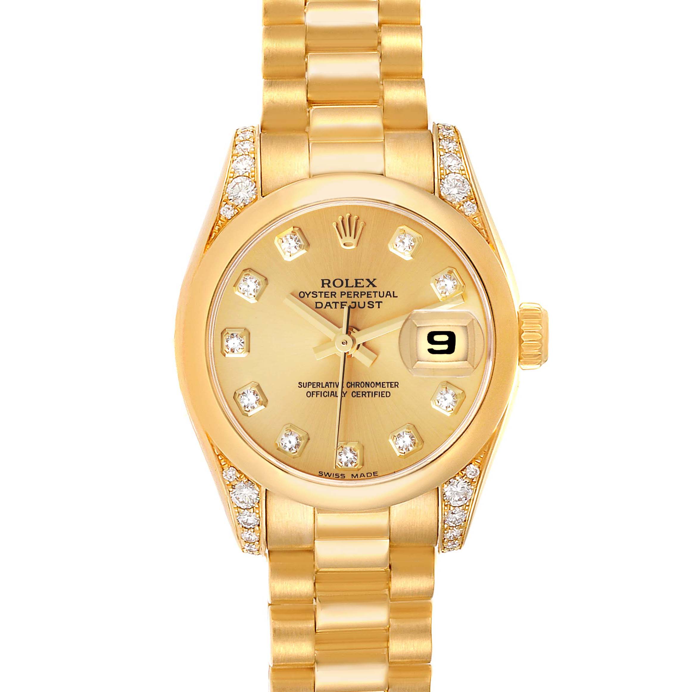 This is a front view of the Rolex President 179298 Women
s Yellow Gold Champagne Dial 179298 Women
s Yellow Gold Champagne Dial model, displaying its gold-tone bracelet, diamond markers, and date display at 3 o
clock.