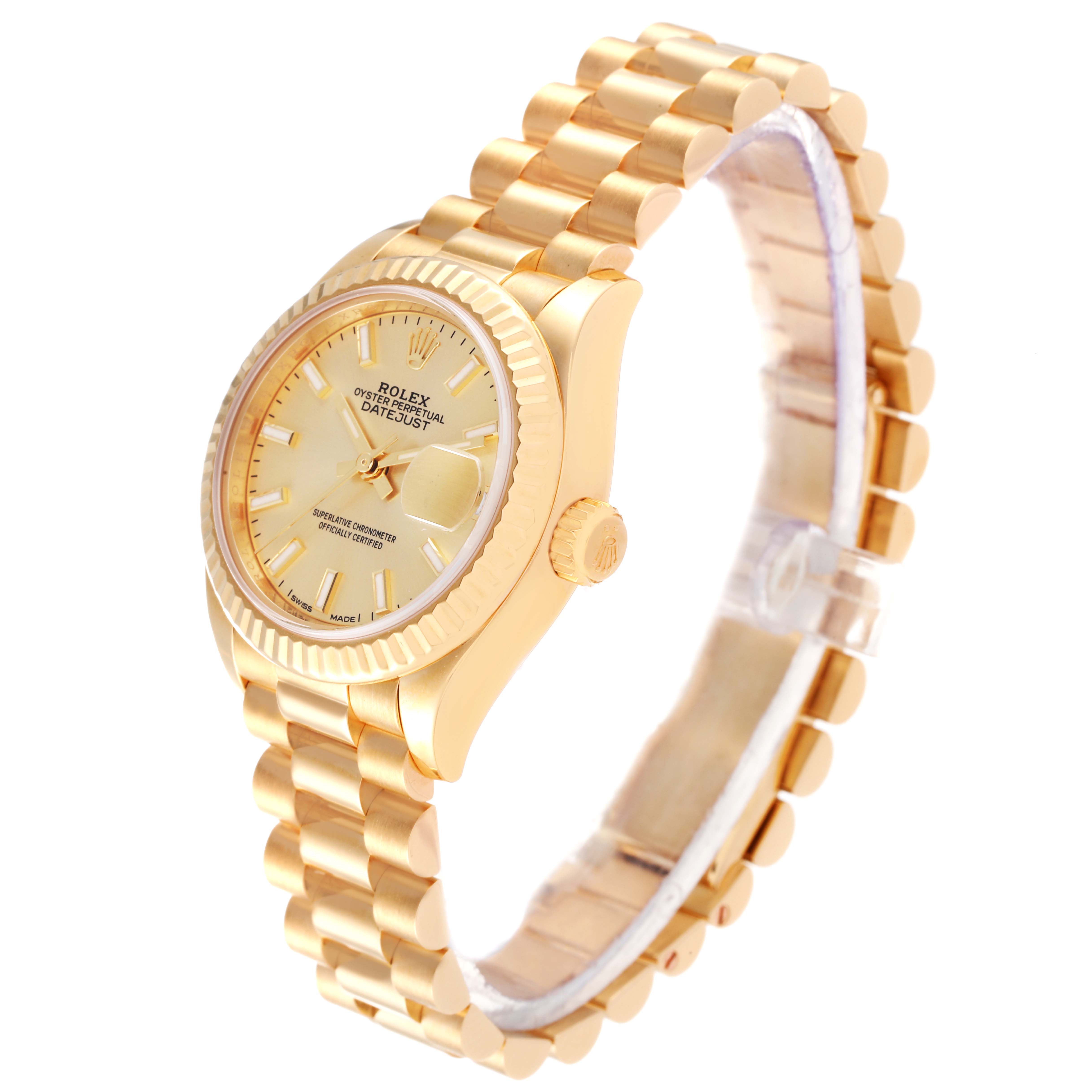 This image shows the Rolex President 279178 Women's Yellow Gold Champagne Dial 279178 Women's Yellow Gold Champagne Dial model watch at a three-quarter angle, highlighting the gold case, bezel, bracelet, and dial.