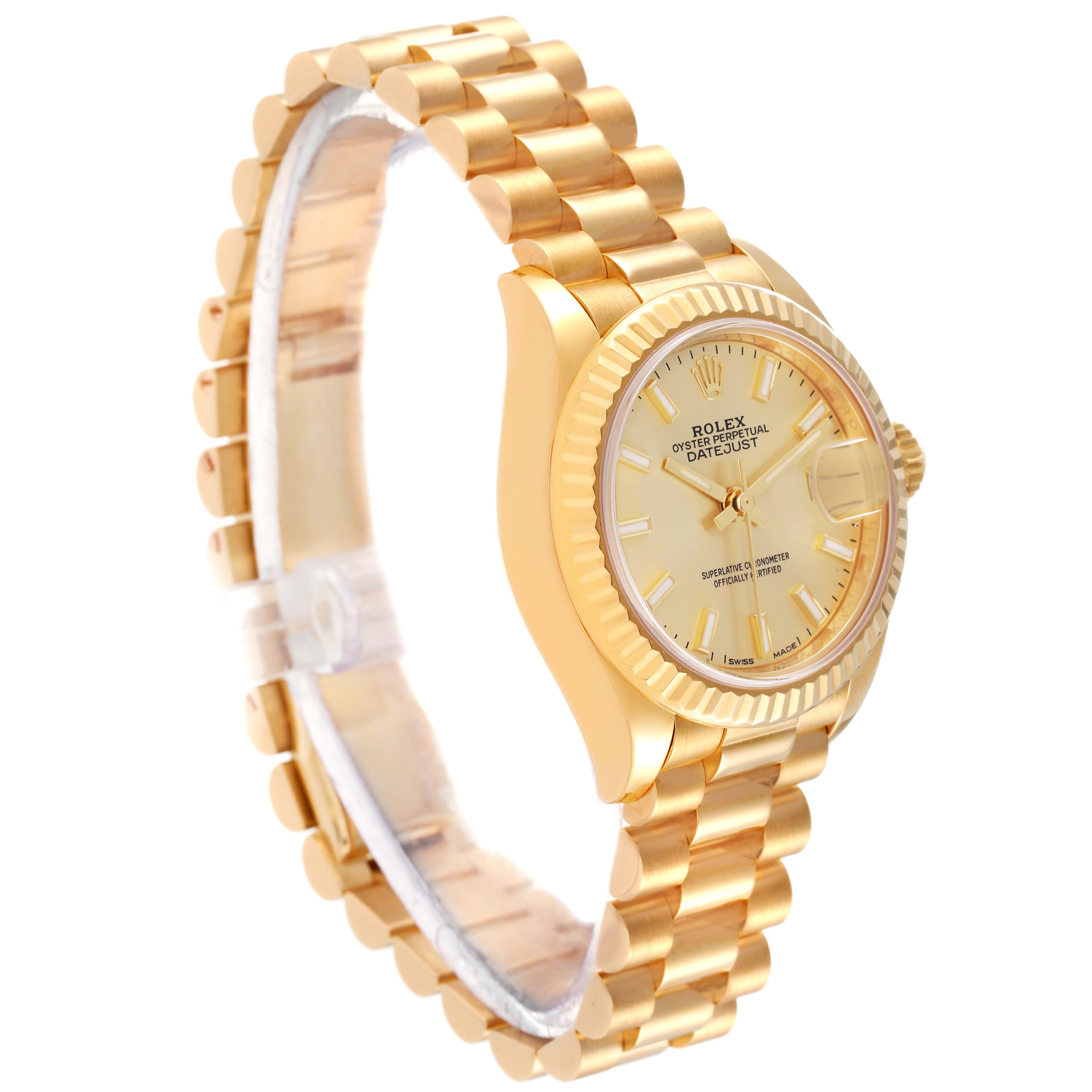The Rolex President 279178 Women's Yellow Gold Champagne Dial 279178 Women's Yellow Gold Champagne Dial model watch is shown at a side angle, displaying the face, band, and bezel.