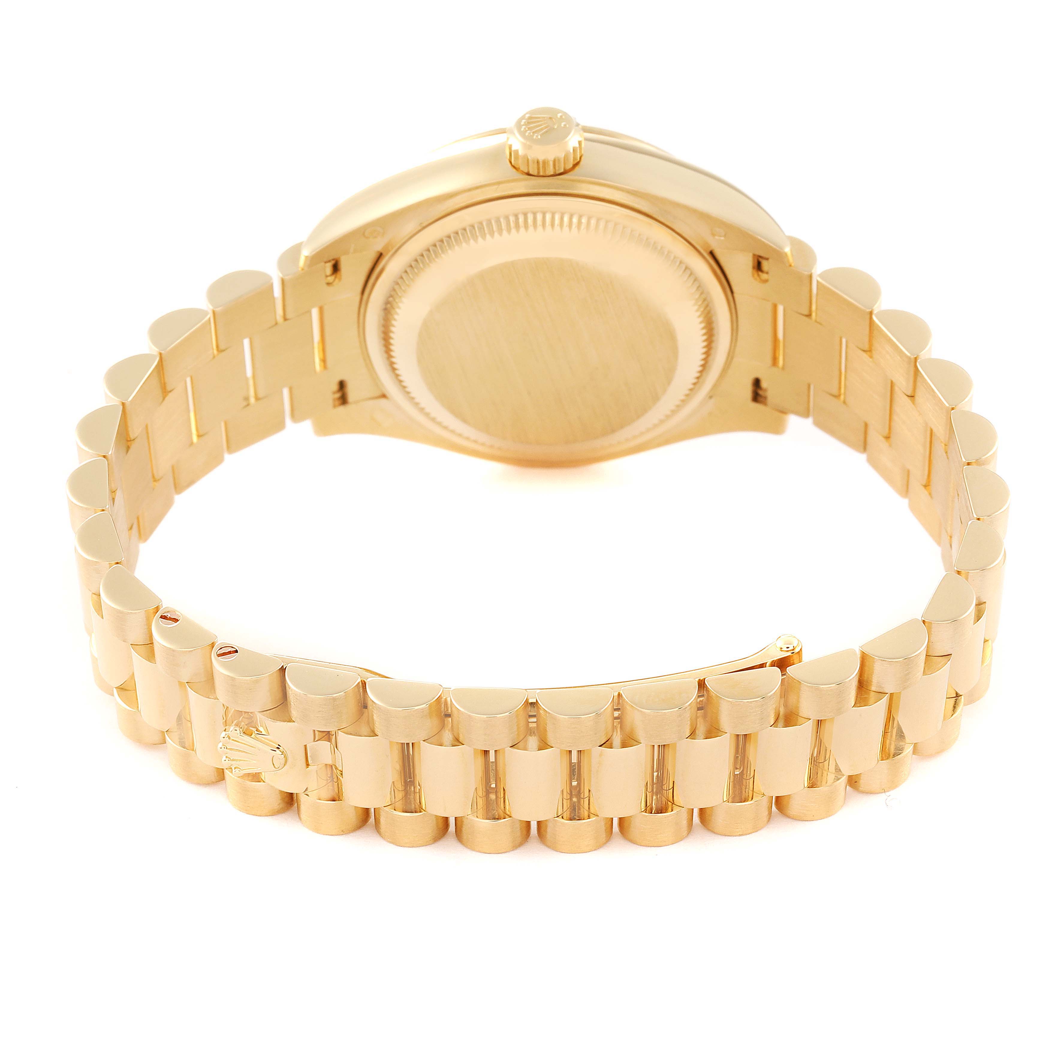 This image shows the back and bracelet of a Rolex President 279178 Women's Yellow Gold Champagne Dial 279178 Women's Yellow Gold Champagne Dial model watch, viewed from the rear.
