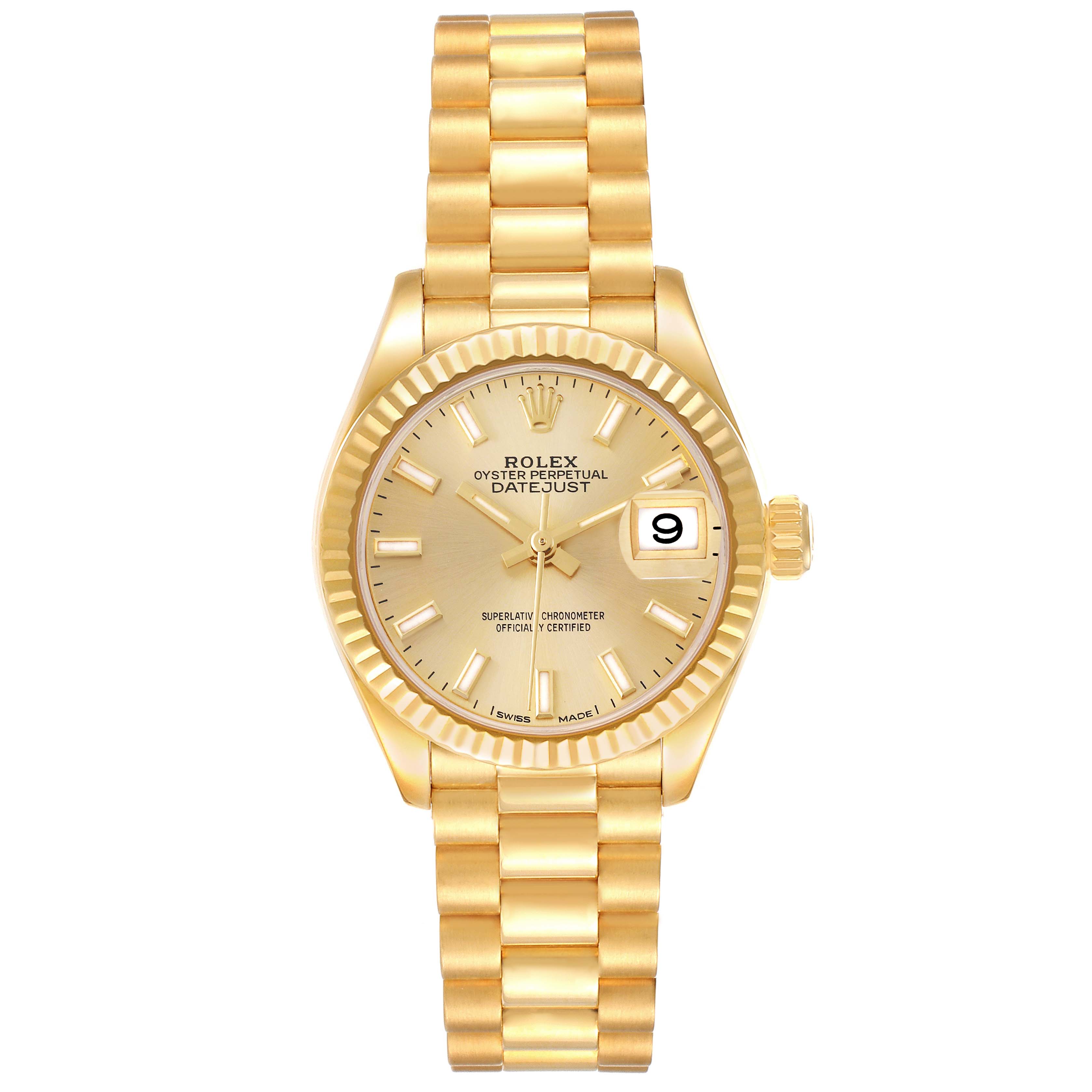 The image shows a front view of the Rolex President 279178 Women's Yellow Gold Champagne Dial 279178 Women's Yellow Gold Champagne Dial model watch, highlighting its gold bracelet, bezel, and date display.