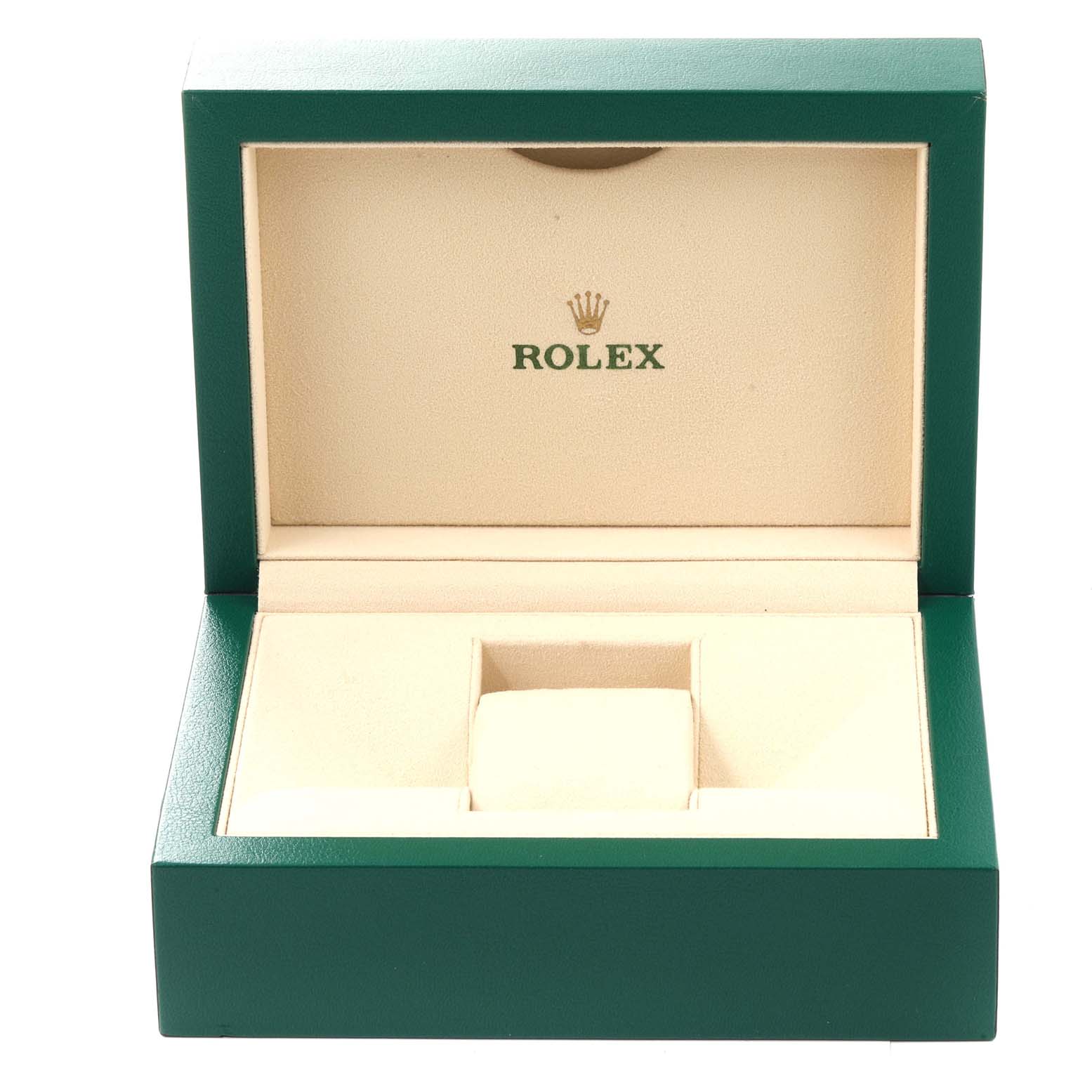 This is an open Rolex watch box, styled in green and beige colors, for the President model.