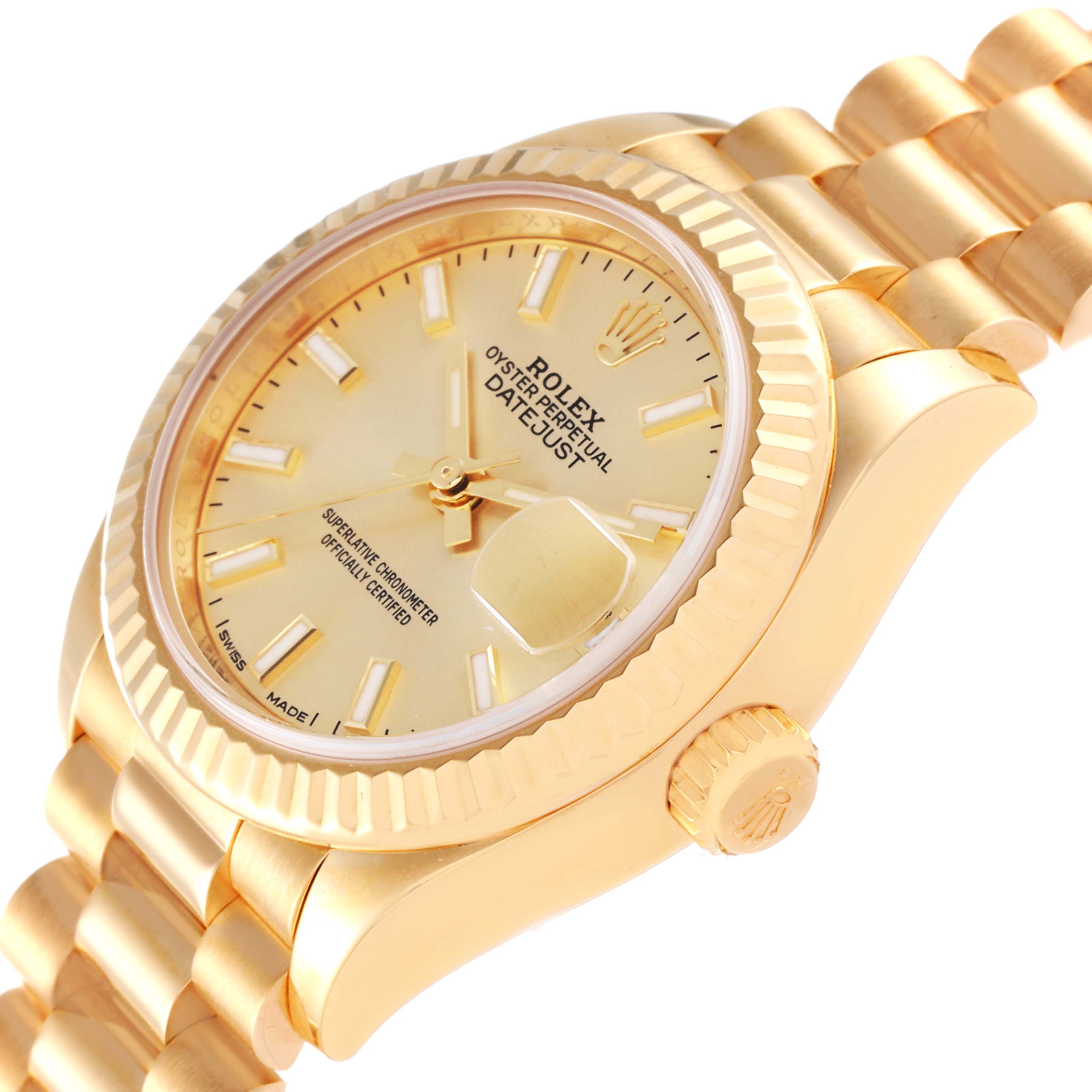 The image shows a side angle of the Rolex President 279178 Women's Yellow Gold Champagne Dial 279178 Women's Yellow Gold Champagne Dial model, including the dial, date magnifier, bezel, crown, and bracelet.