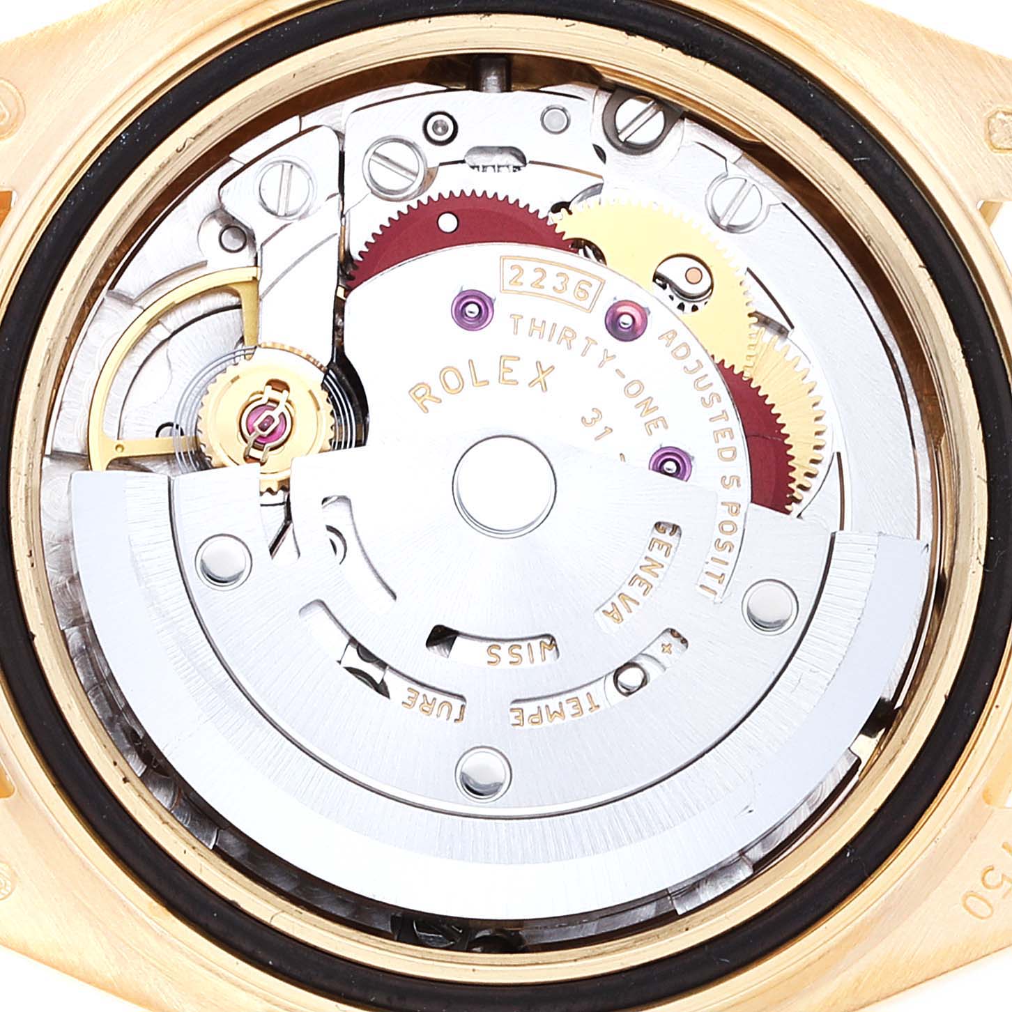 This image shows the inner mechanism of a Rolex President 279178 Women's Yellow Gold Champagne Dial 279178 Women's Yellow Gold Champagne Dial model watch, focusing on its movement components.