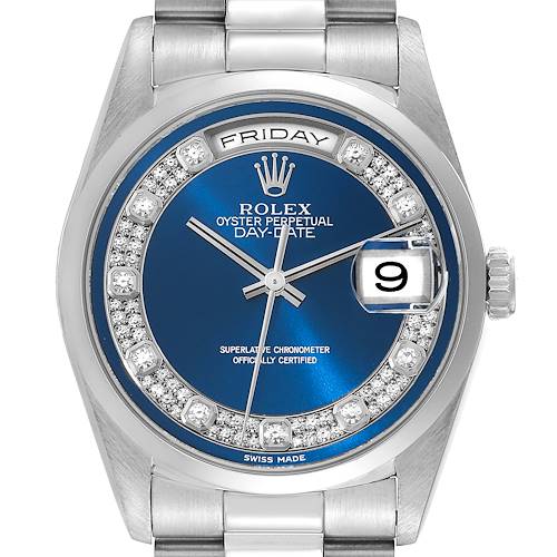 This Rolex President model watch is shown from the front, highlighting the blue dial, day-date display, and diamond hour markers.