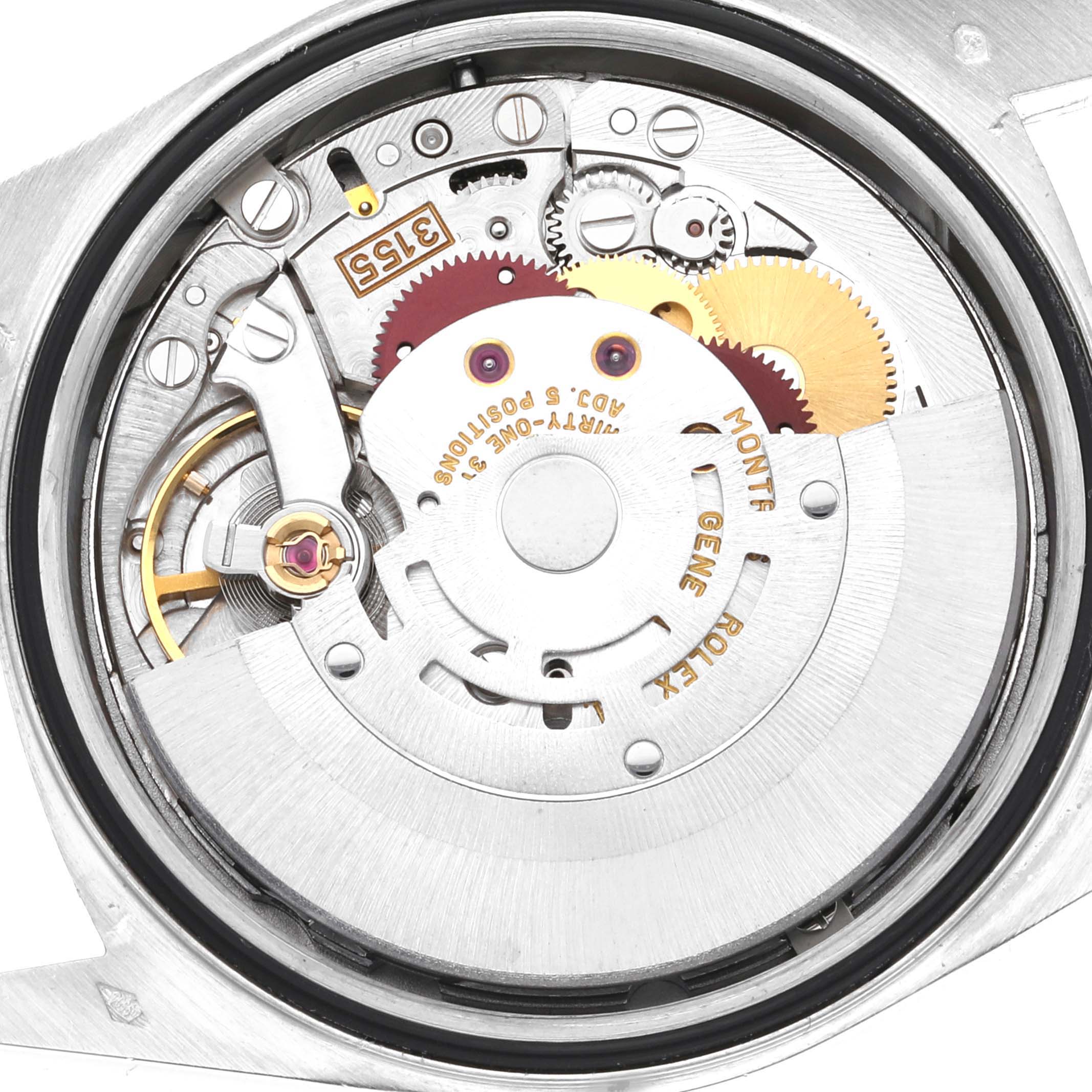 This image shows the inner mechanics and movement parts of a Rolex President 18206 Men's Platinum Blue Dial 18206 Men's Platinum Blue Dial model watch from a back angle.