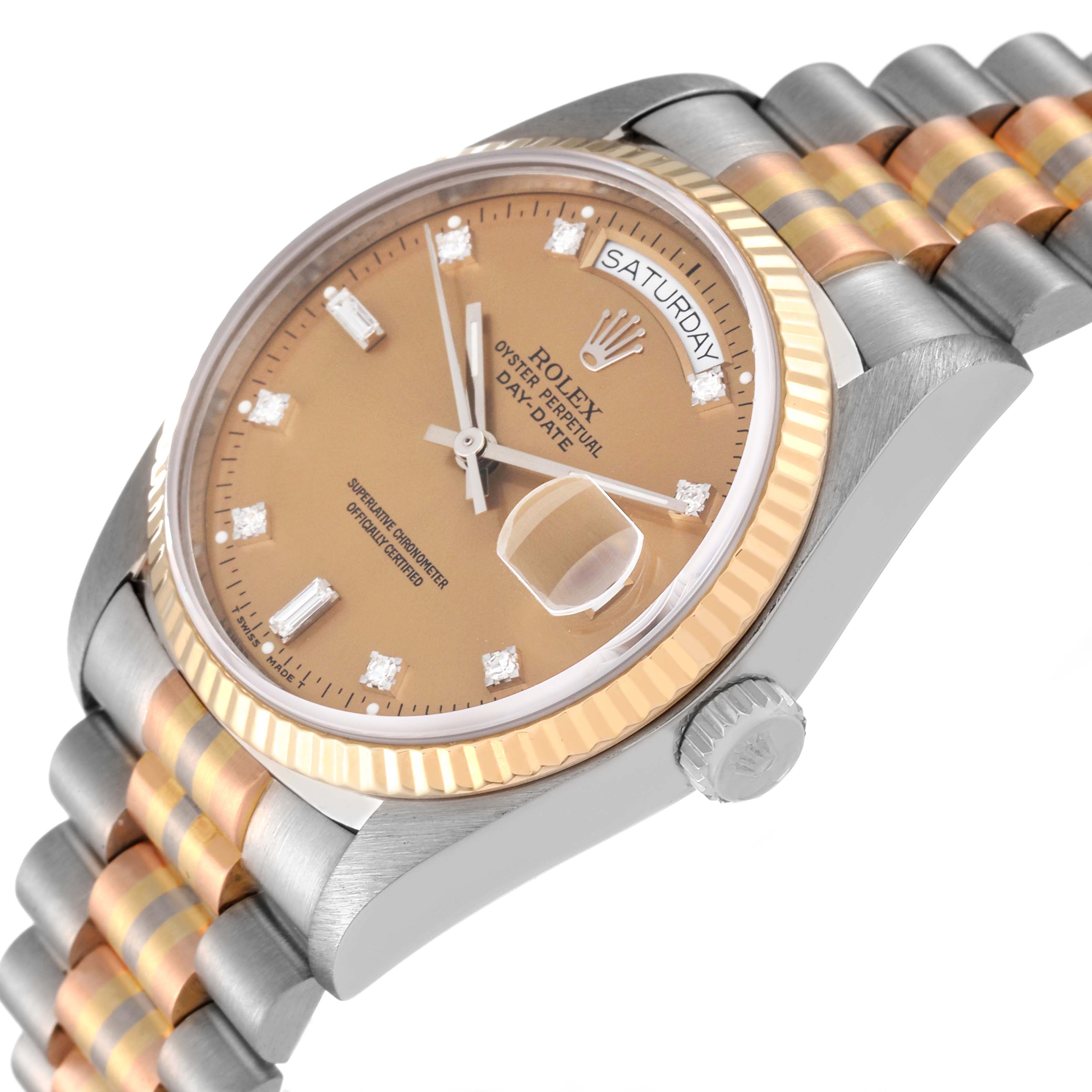 This image shows a close-up side angle of the Rolex President 18039 Men's White Gold Champagne Dial 18039 Men's White Gold Champagne Dial model watch, highlighting the dial, crown, and wristband.