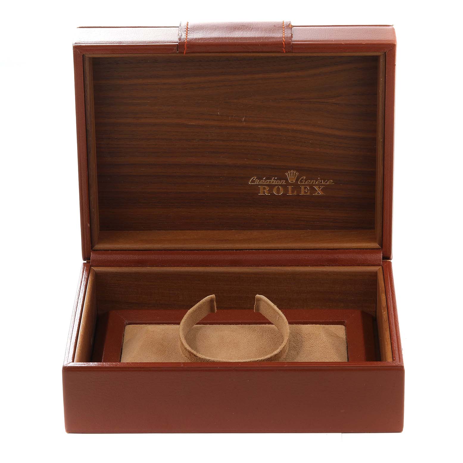 This image shows an open wooden box for the Rolex President 18039 Men's White Gold Champagne Dial 18039 Men's White Gold Champagne Dial model watch, with an empty watch cushion inside.