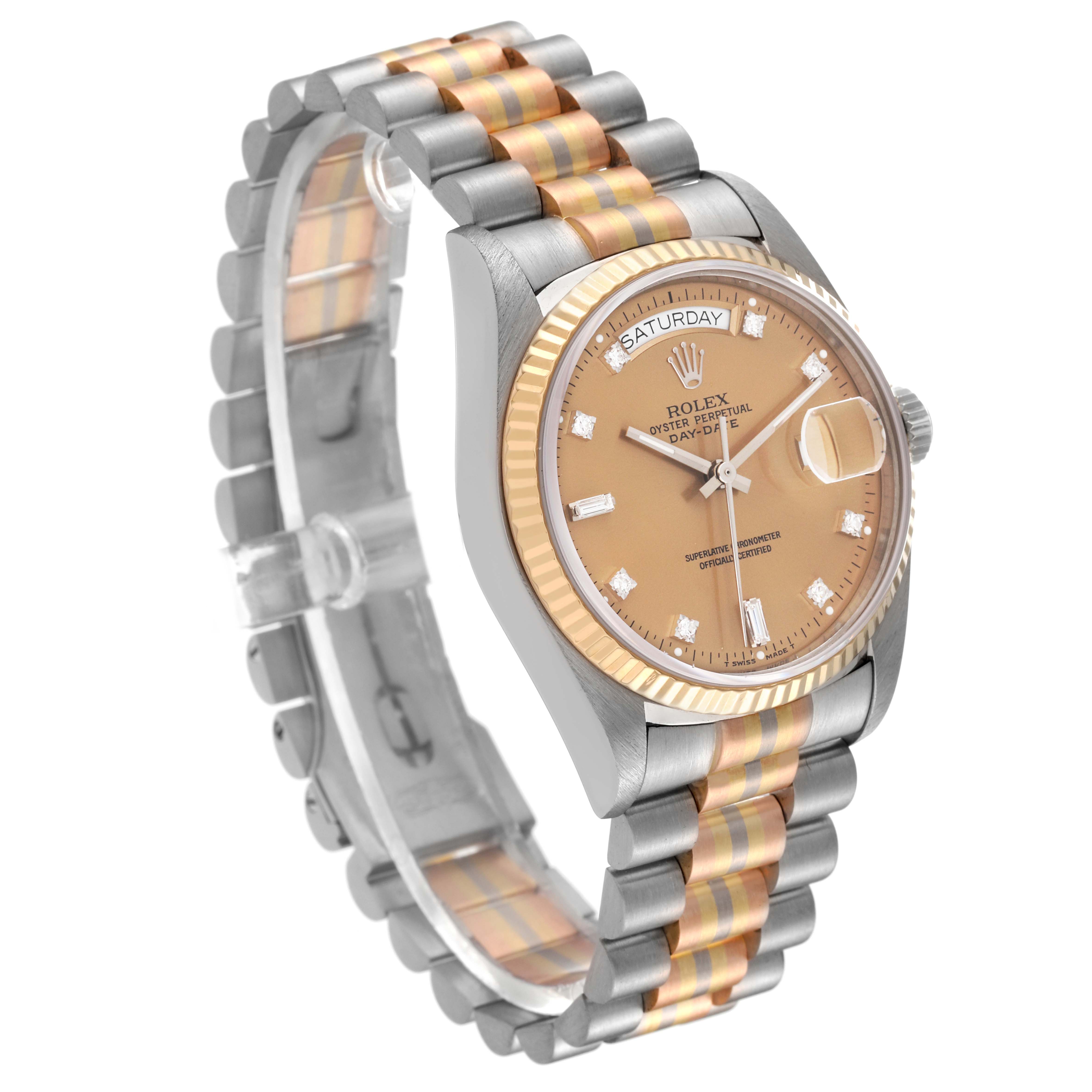 The image shows a Rolex President 18039 Men's White Gold Champagne Dial 18039 Men's White Gold Champagne Dial model watch at an angle displaying its face, bezel, and partially opened bracelet.