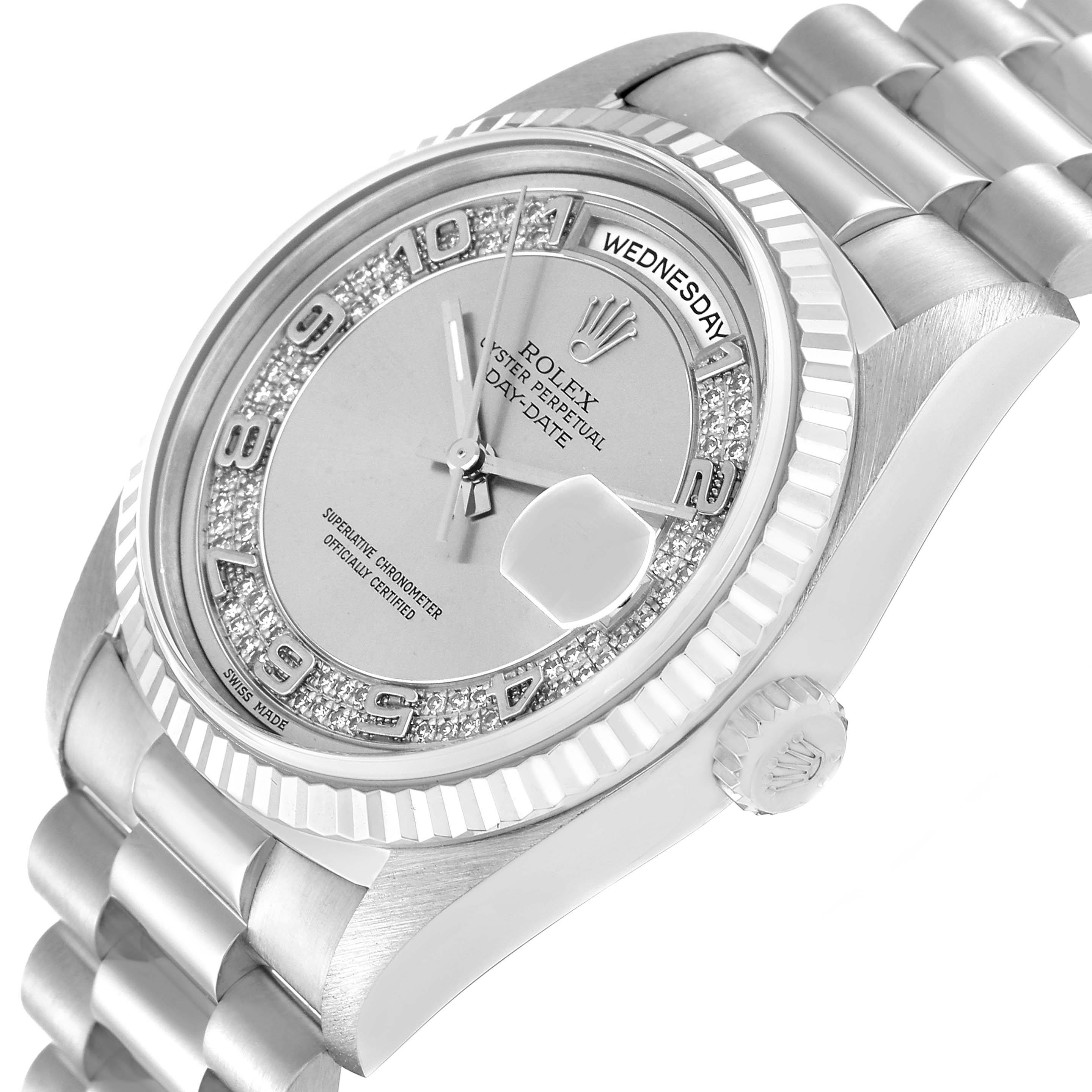 The image shows a close-up angled view of a Rolex President 18239 Men's White Gold Silver Dial 18239 Men's White Gold Silver Dial model watch, highlighting the dial, bezel, and bracelet.