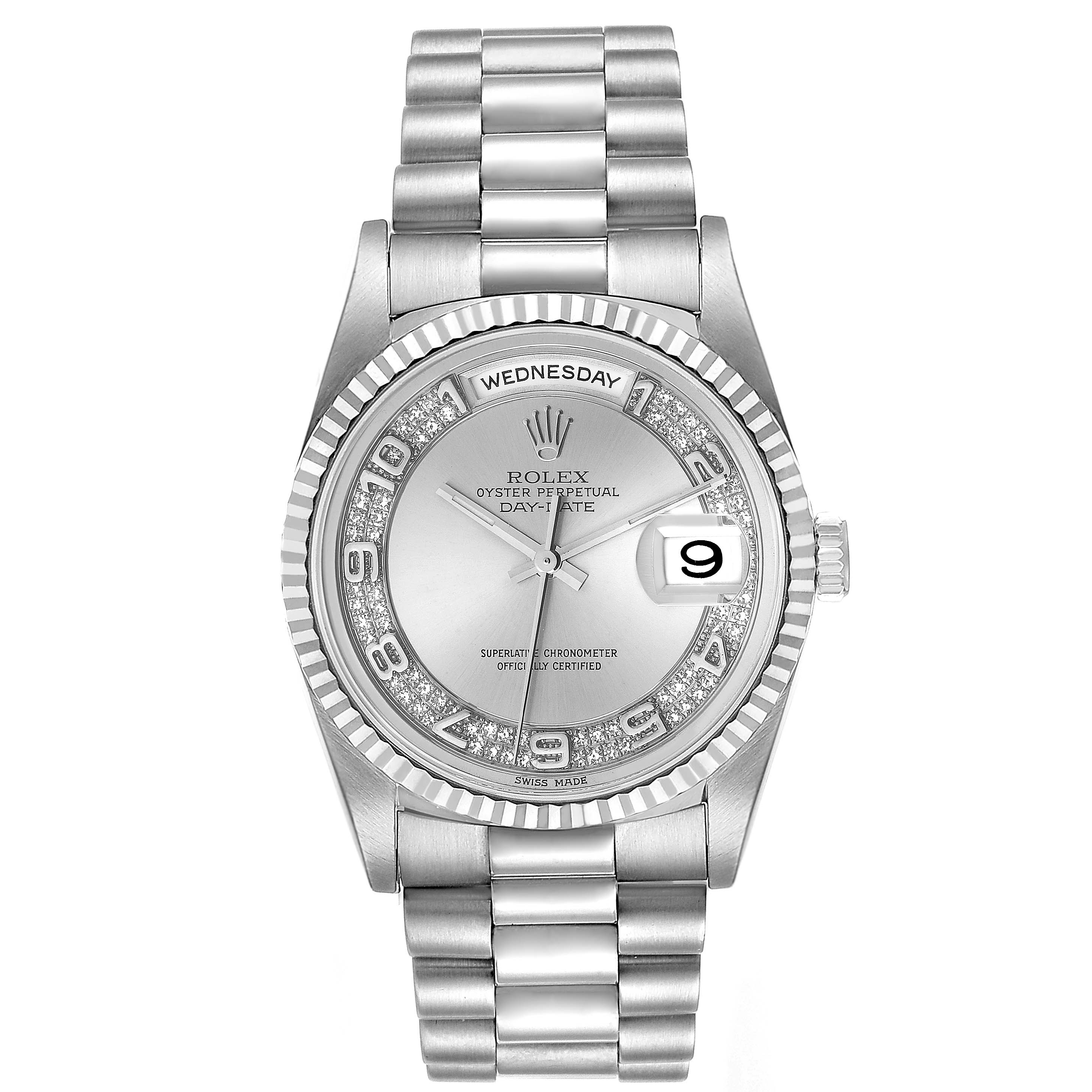 The Rolex President 18239 Men's White Gold Silver Dial 18239 Men's White Gold Silver Dial model watch is shown from a front angle, highlighting its dial, bezel, and bracelet.