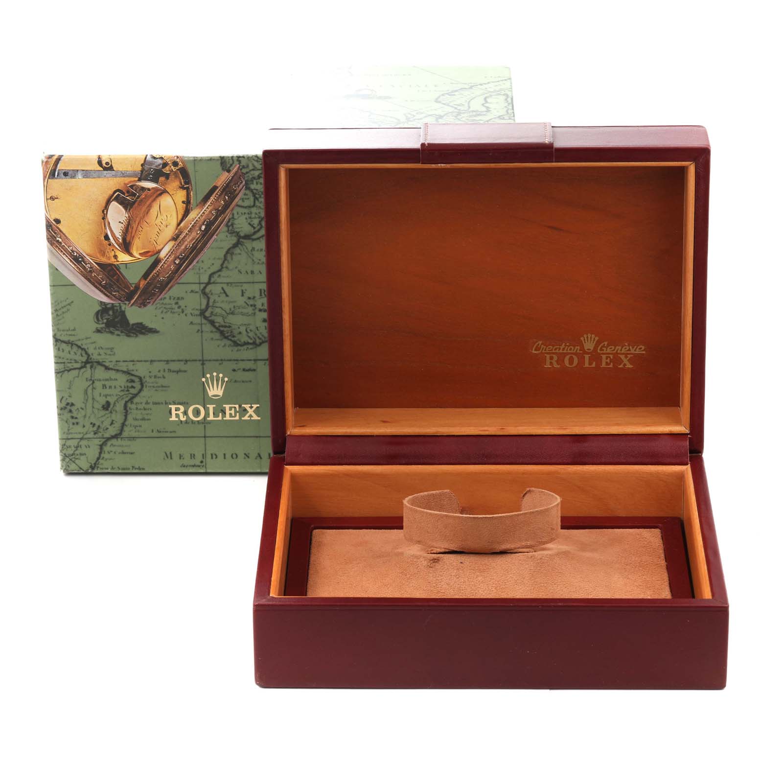 The image shows an open Rolex President 18239 Men's White Gold Silver Dial 18239 Men's White Gold Silver Dial model watch box with its exterior packaging displayed behind.