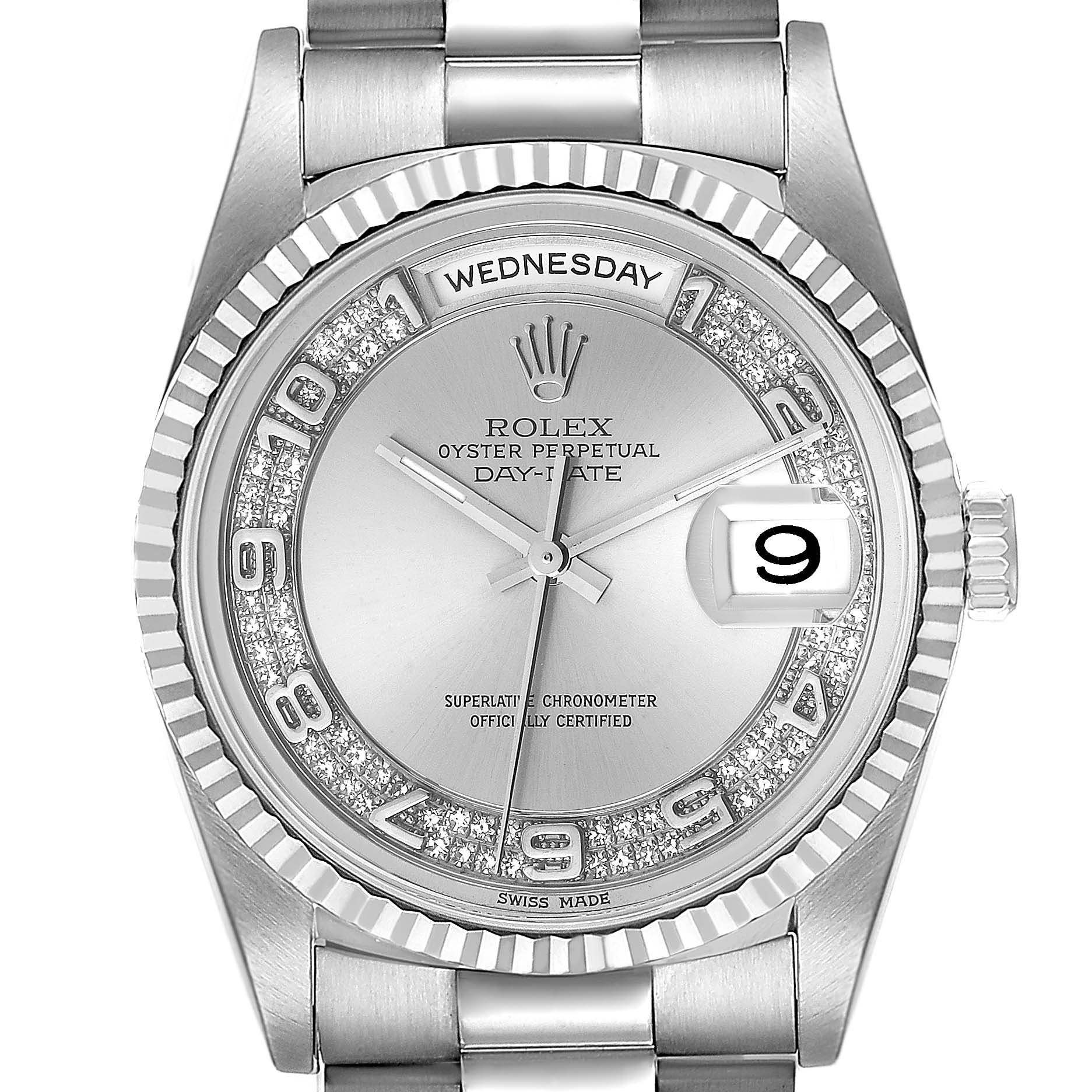 The image shows a front view of a Rolex President 18239 Men's White Gold Silver Dial 18239 Men's White Gold Silver Dial model watch, highlighting the dial, hands, date window, and Day-Date display.