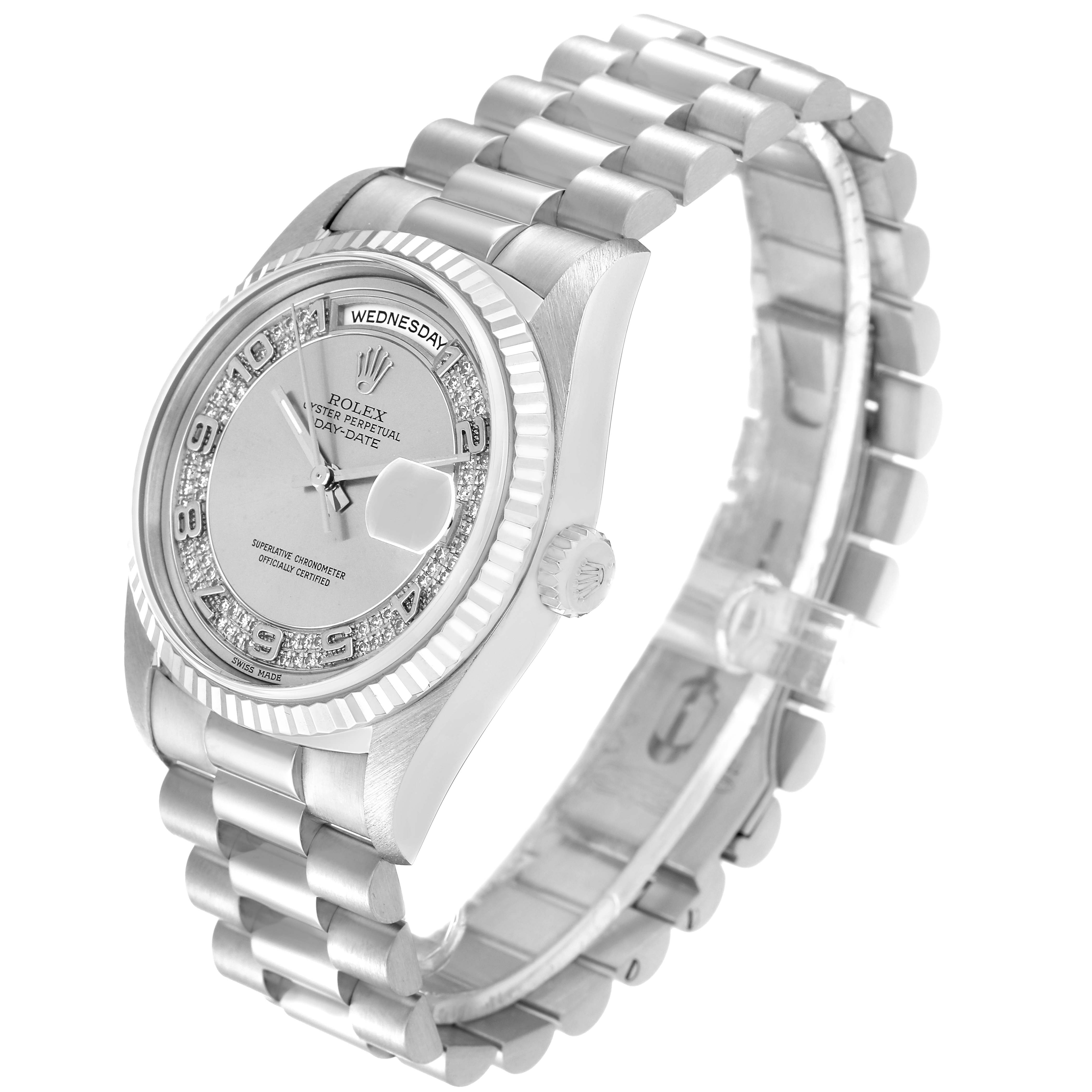The Rolex President 18239 Men's White Gold Silver Dial 18239 Men's White Gold Silver Dial watch is shown at a three-quarter angle, highlighting the dial, bezel, crown, and bracelet.
