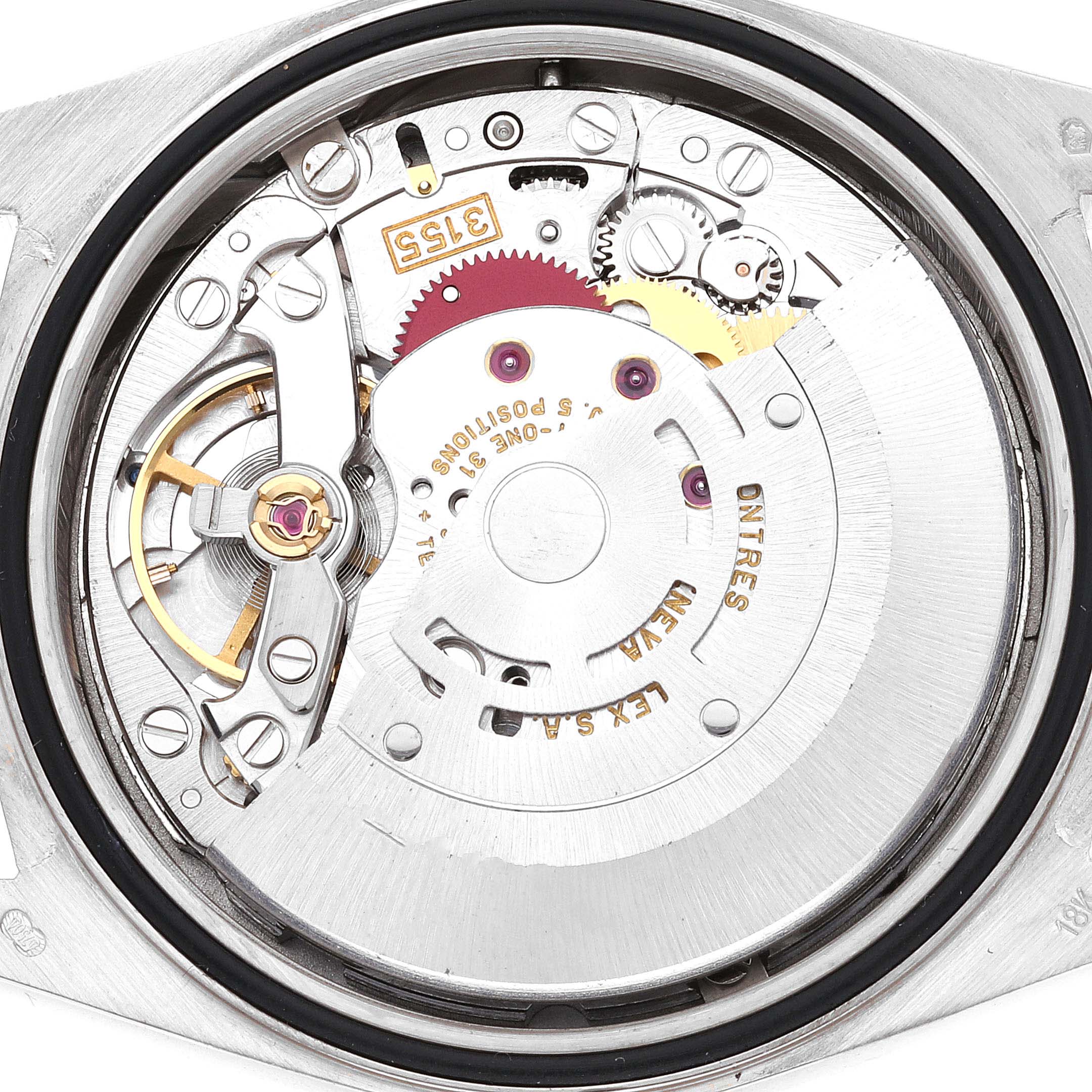 The image shows the detailed internal movement of a Rolex President 18239 Men's White Gold Silver Dial 18239 Men's White Gold Silver Dial model watch from a top-down perspective.