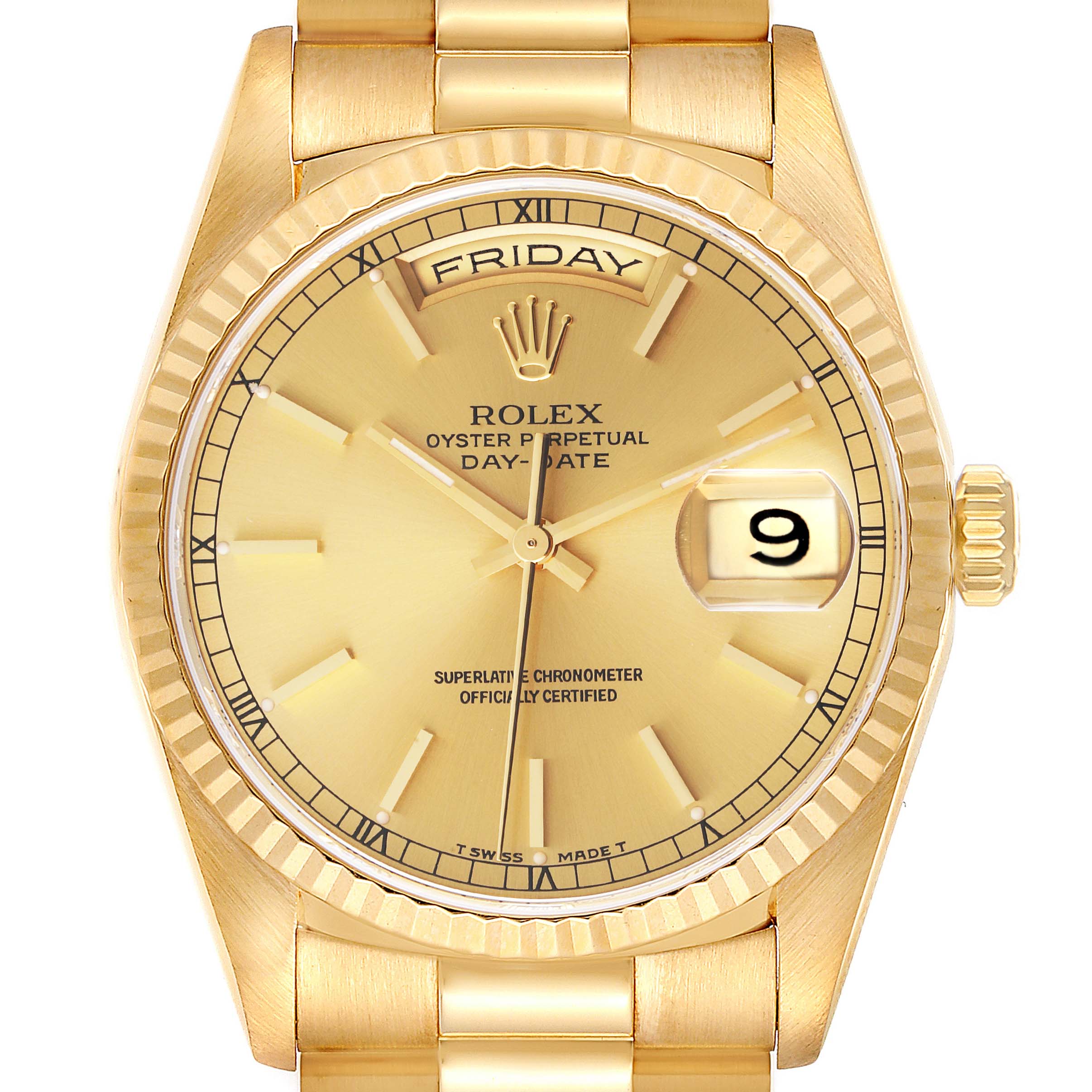 The image shows a front view of the Rolex President 18238 Men
s Yellow Gold Champagne Dial 18238 Men
s Yellow Gold Champagne Dial Day-Date watch, highlighting the dial, bracelet, crown, and date window.