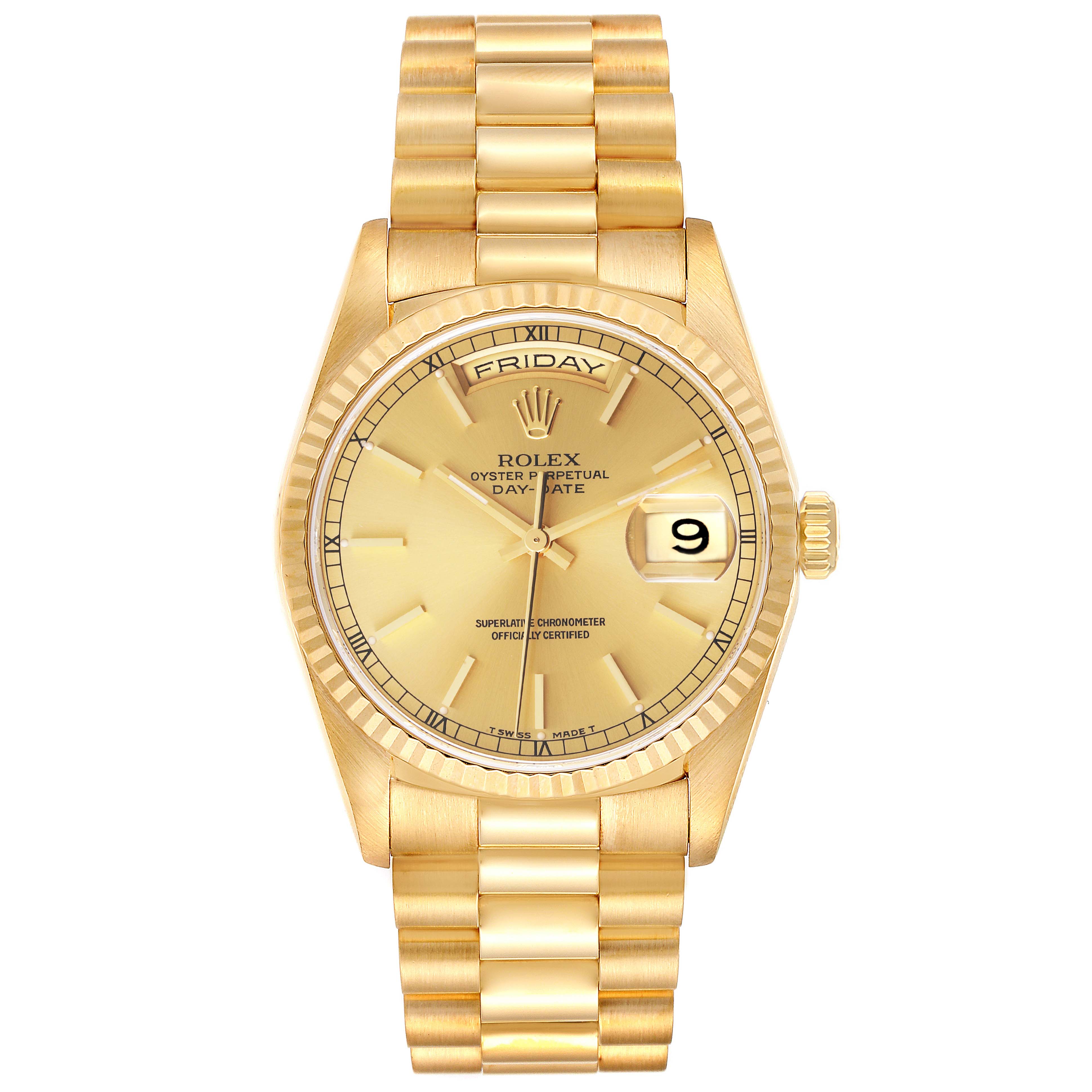 This image shows a full frontal view of the Rolex President 18238 Men
s Yellow Gold Champagne Dial 18238 Men
s Yellow Gold Champagne Dial model watch, including the dial, case, and bracelet. 