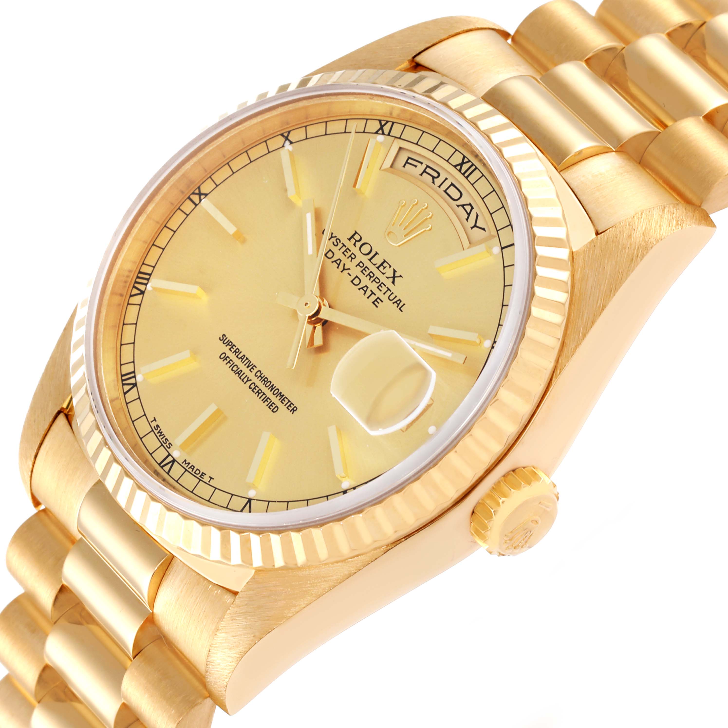 The image shows an angled close-up of a gold Rolex President 18238 Men
s Yellow Gold Champagne Dial 18238 Men
s Yellow Gold Champagne Dial model, highlighting the dial, bezel, crown, and part of the bracelet.