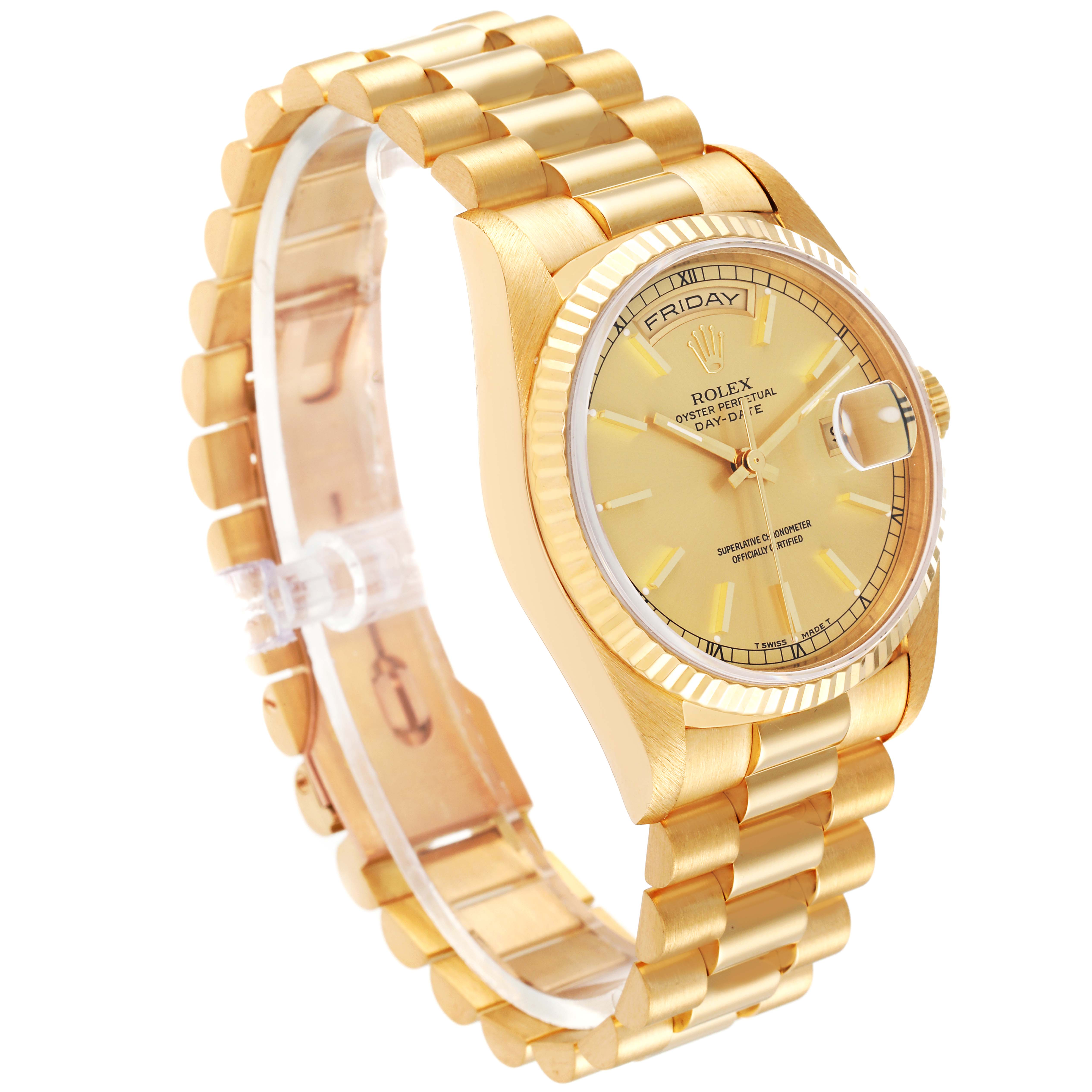 The Rolex President 18238 Men
s Yellow Gold Champagne Dial 18238 Men
s Yellow Gold Champagne Dial model watch is shown at a three-quarter angle, highlighting the gold bracelet, dial, and fluted bezel.