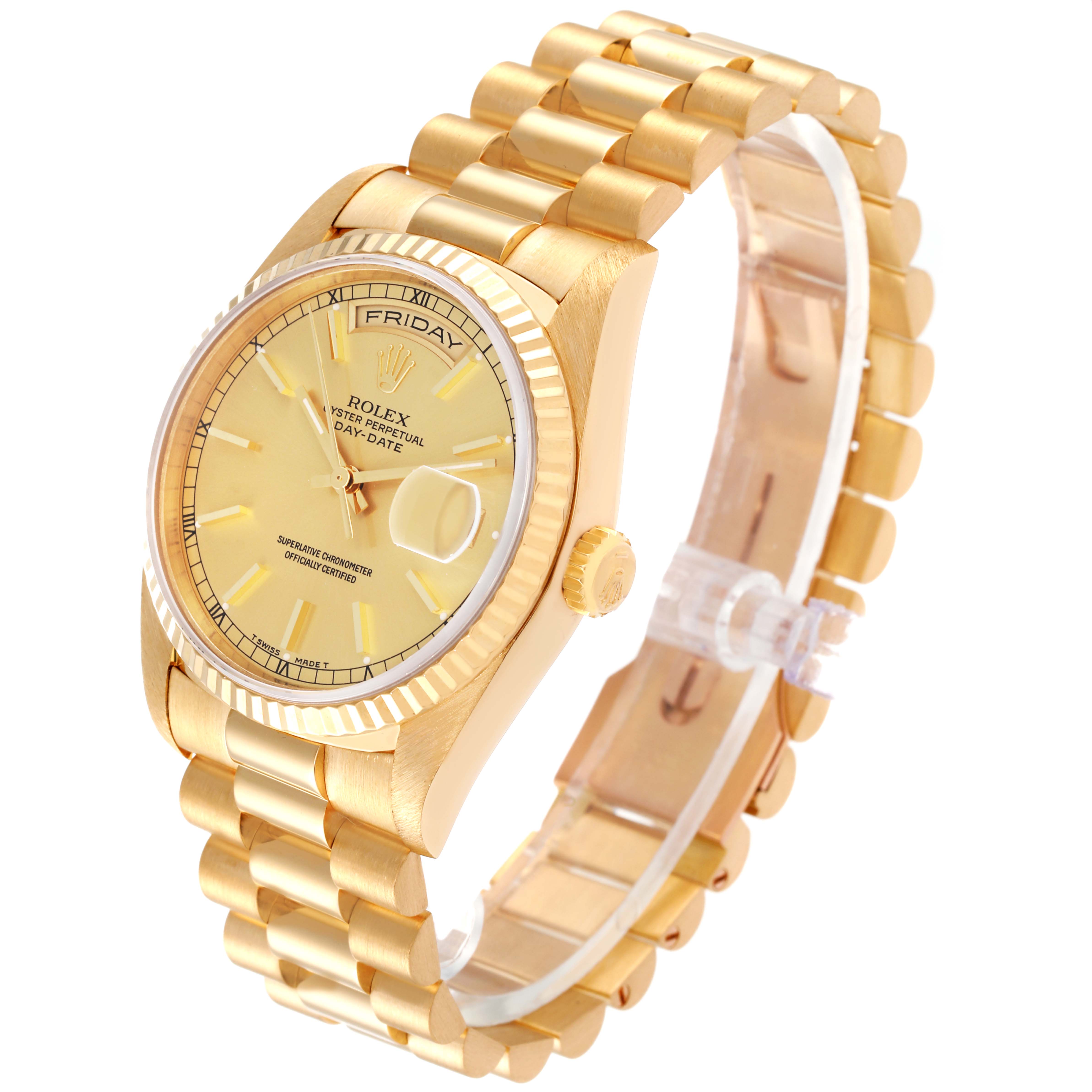 This image shows a Rolex President 18238 Men
s Yellow Gold Champagne Dial 18238 Men
s Yellow Gold Champagne Dial model watch from a three-quarter angle, highlighting the dial, bezel, crown, and bracelet.