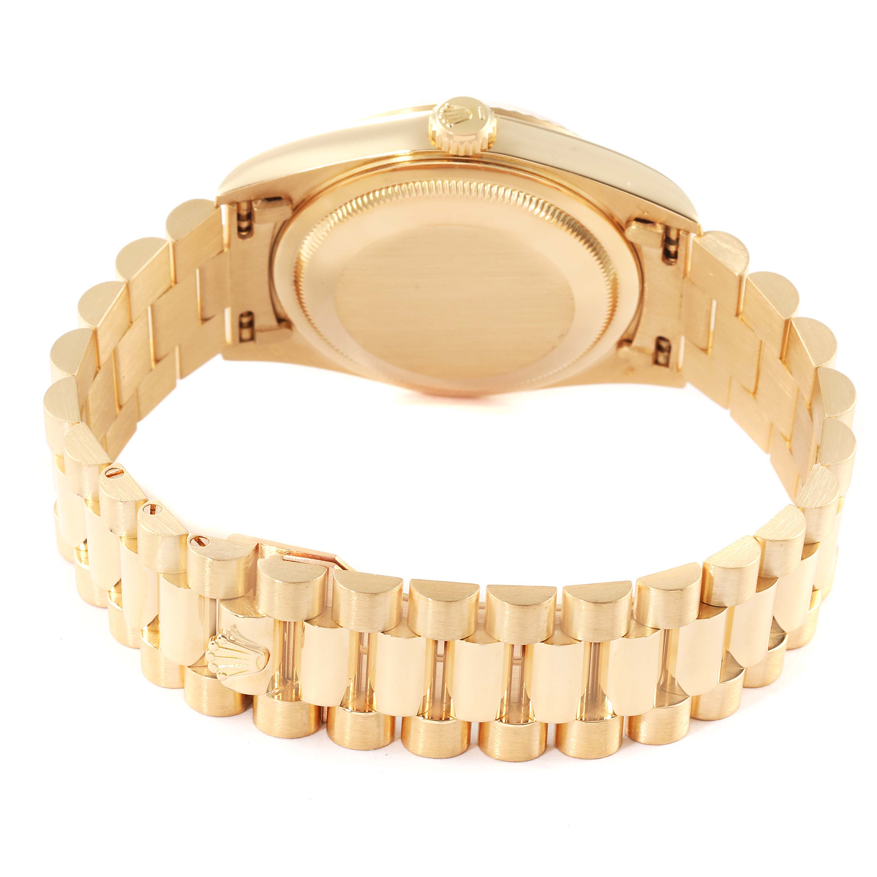 The image shows the back case and the bracelet of a Rolex President 18238 Men
s Yellow Gold Champagne Dial 18238 Men
s Yellow Gold Champagne Dial model watch in a gold finish.