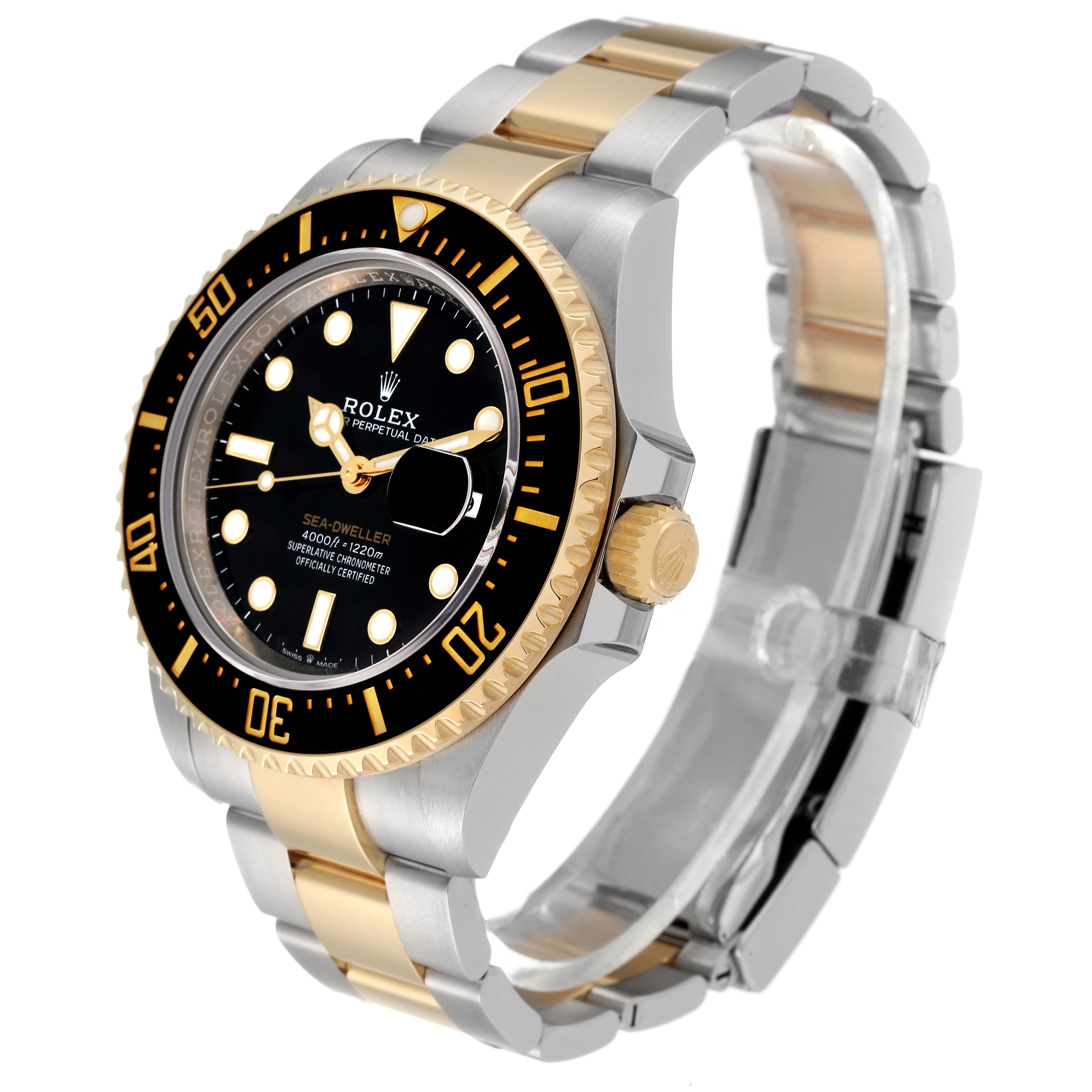 The Rolex Sea-Dweller 126603 Men
s Steel and Gold (two tone) Black Dial 126603 Men
s Steel and Gold (two tone) Black Dial watch is shown at an angle highlighting the dial, bezel, crown, and two-tone bracelet.
