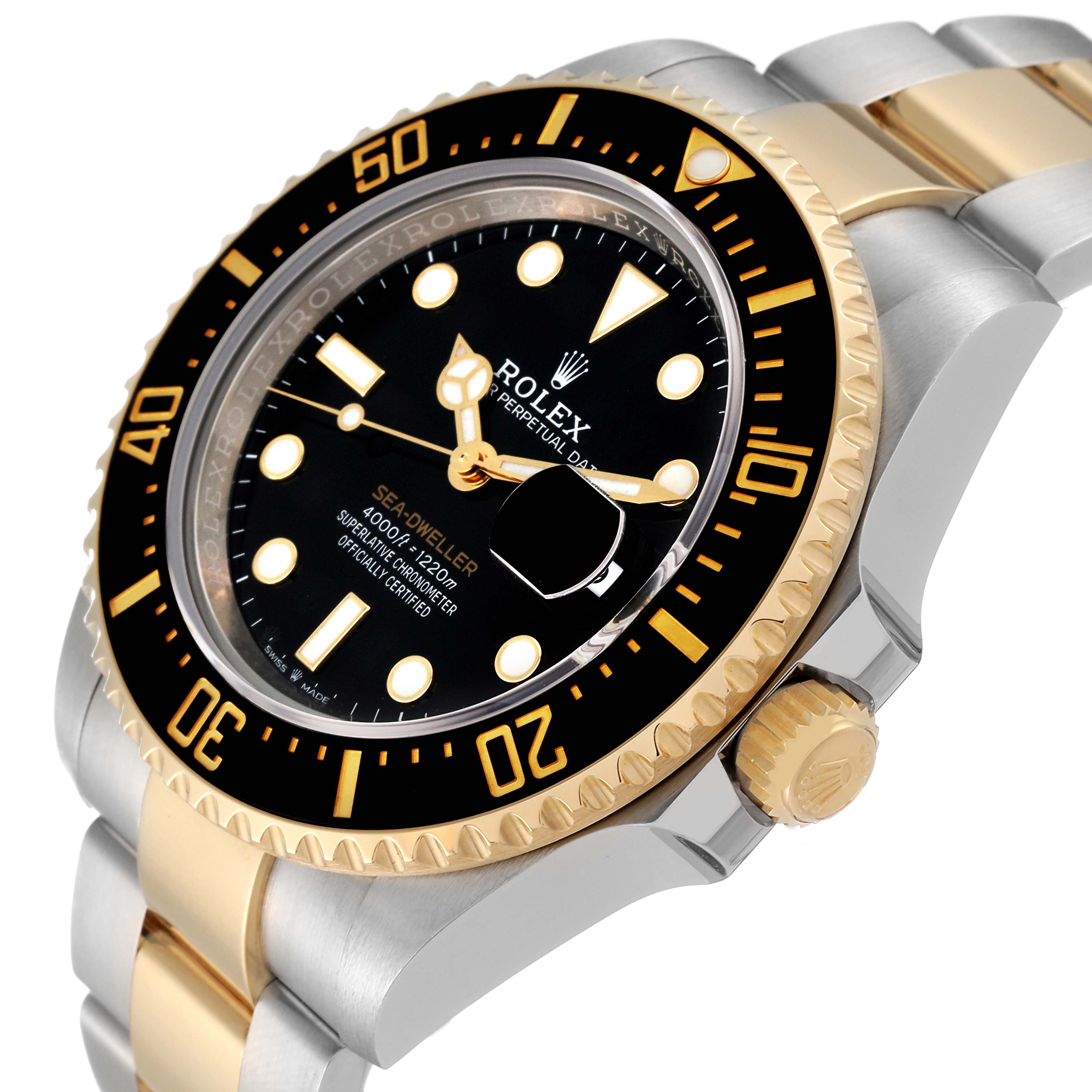 The image shows a close angle of the face and the side of the Rolex Sea-Dweller 126603 Men
s Steel and Gold (two tone) Black Dial 126603 Men
s Steel and Gold (two tone) Black Dial watch, highlighting the bezel and crown.