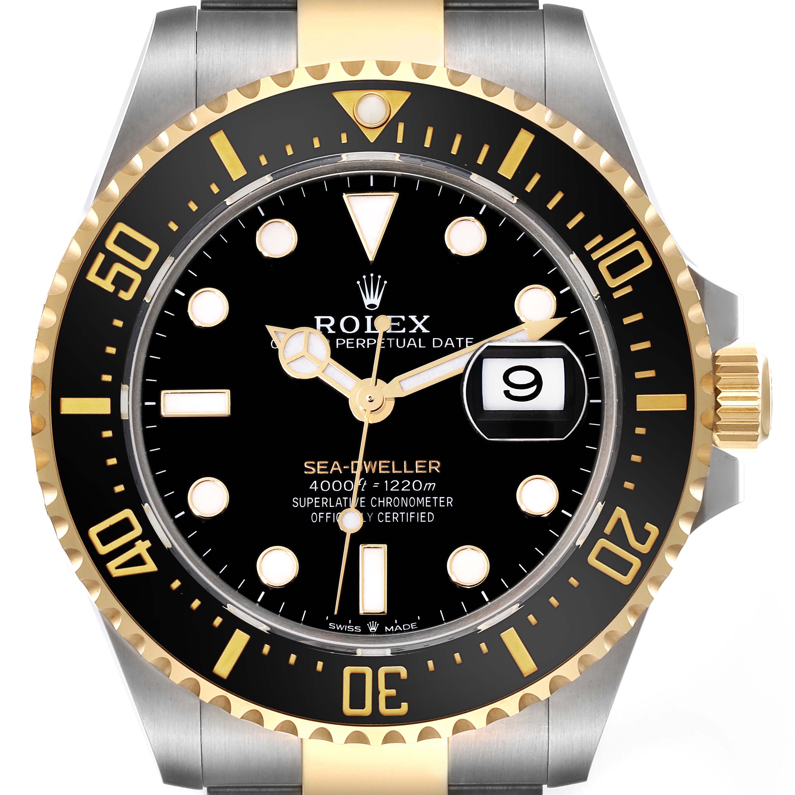The image shows a front view of the Rolex Sea-Dweller 126603 Men
s Steel and Gold (two tone) Black Dial 126603 Men
s Steel and Gold (two tone) Black Dial watch, highlighting the dial, bezel, and part of the bracelet.