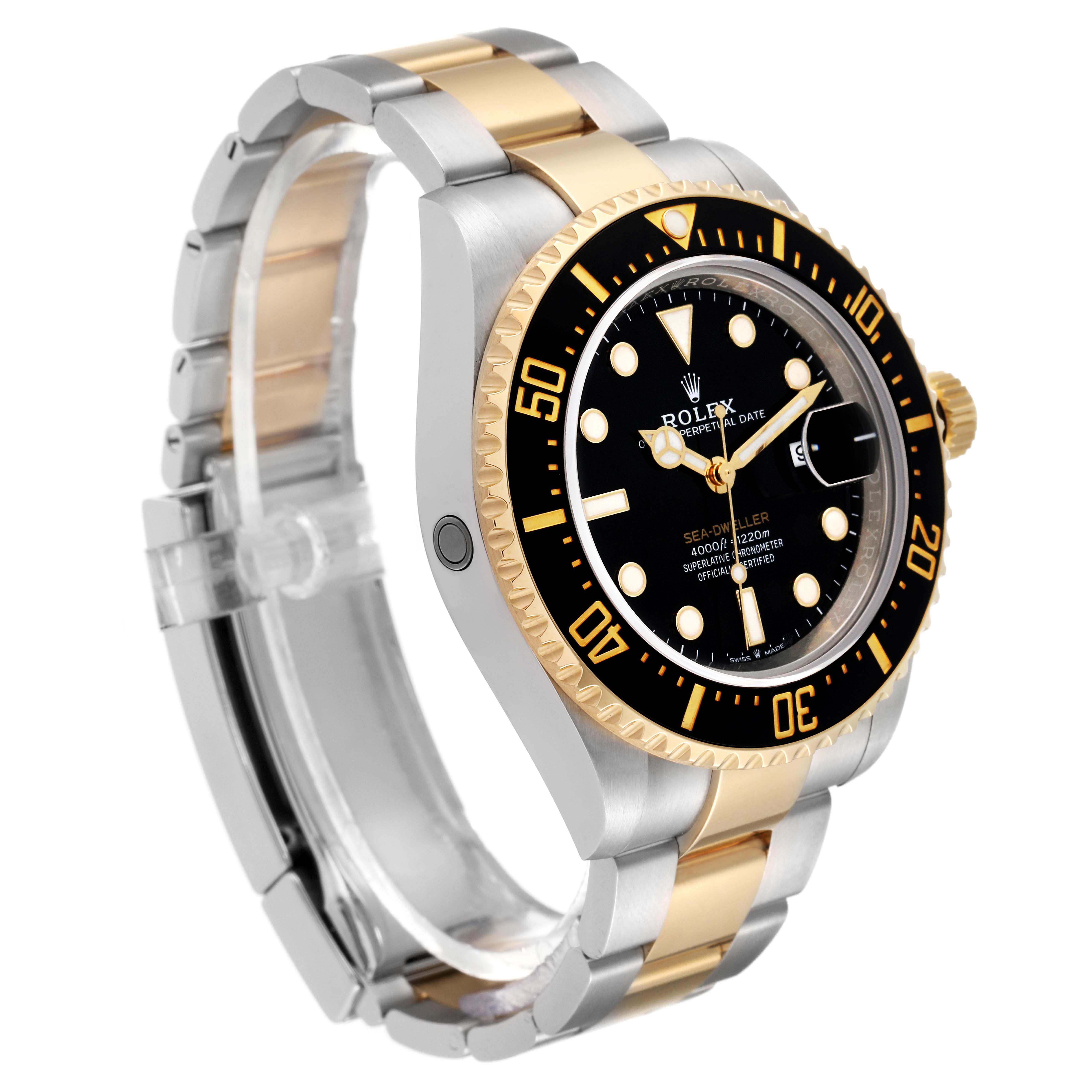 The image shows a Rolex Sea-Dweller 126603 Men
s Steel and Gold (two tone) Black Dial 126603 Men
s Steel and Gold (two tone) Black Dial watch at a slight angle, highlighting its black and gold bezel, dial, and two-tone bracelet.