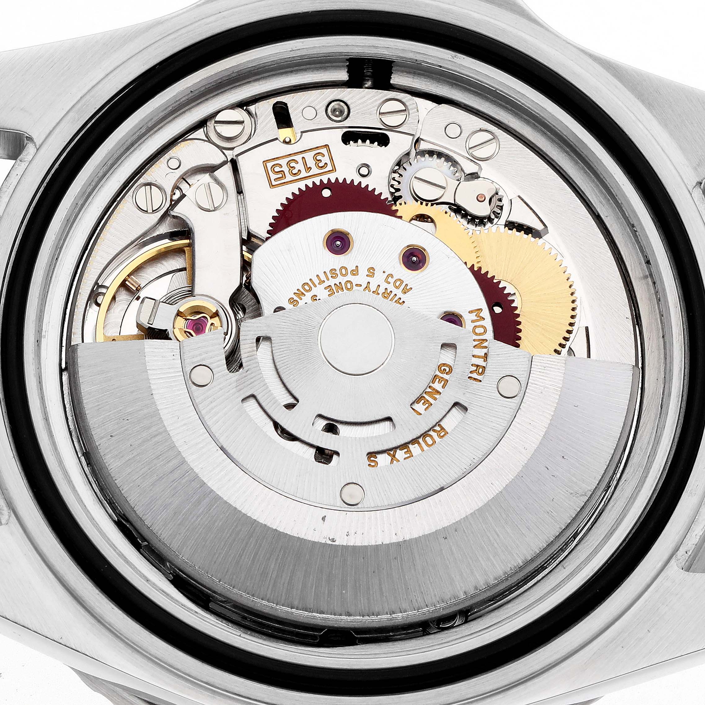 The image shows the movement mechanism of a Rolex Submariner 16610 Men
s Stainless Steel Black Dial, viewed from the back, revealing gears and components.