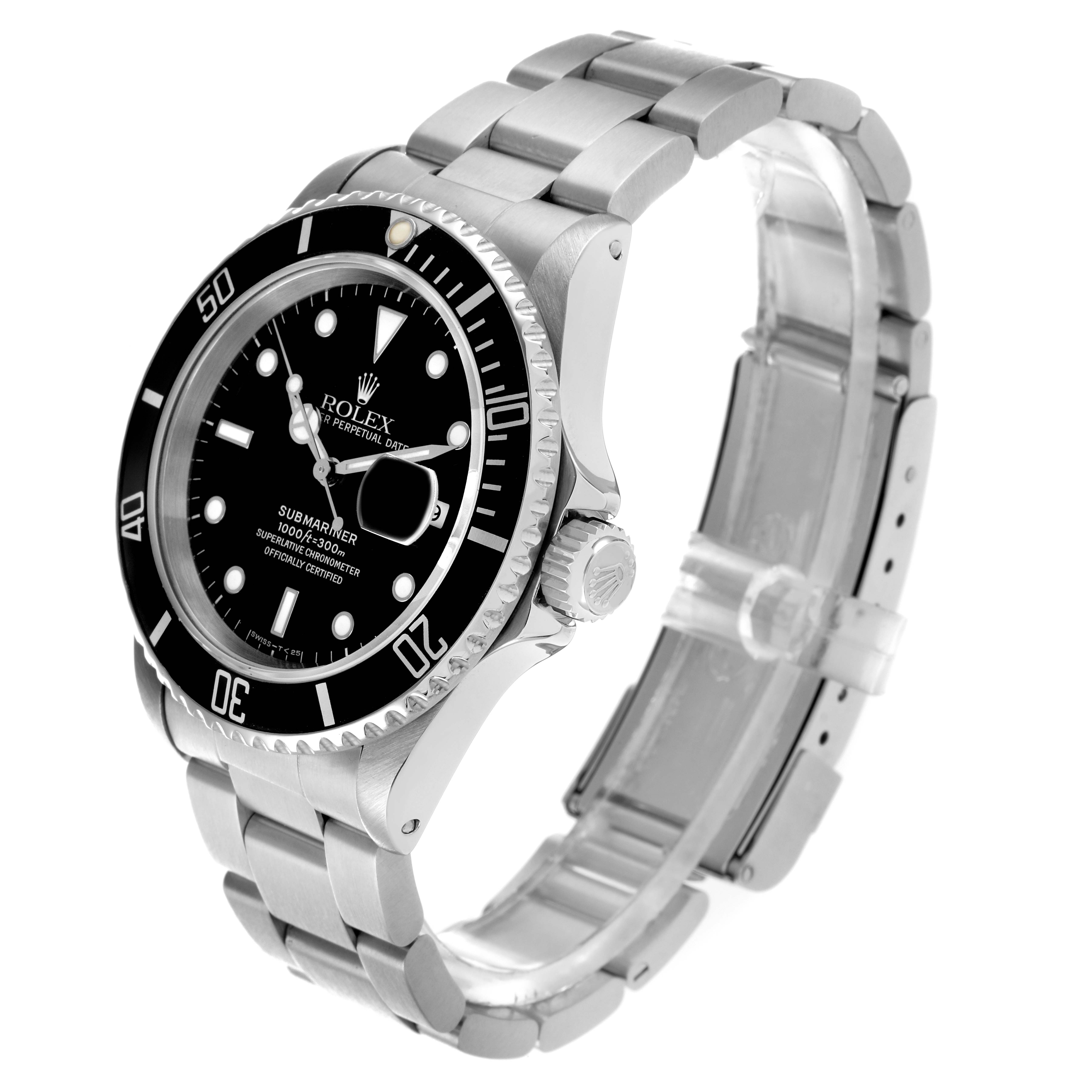 The Rolex Submariner 16610 Men
s Stainless Steel Black Dial watch is shown at an angled side view, displaying the face, bezel, crown, and bracelet.