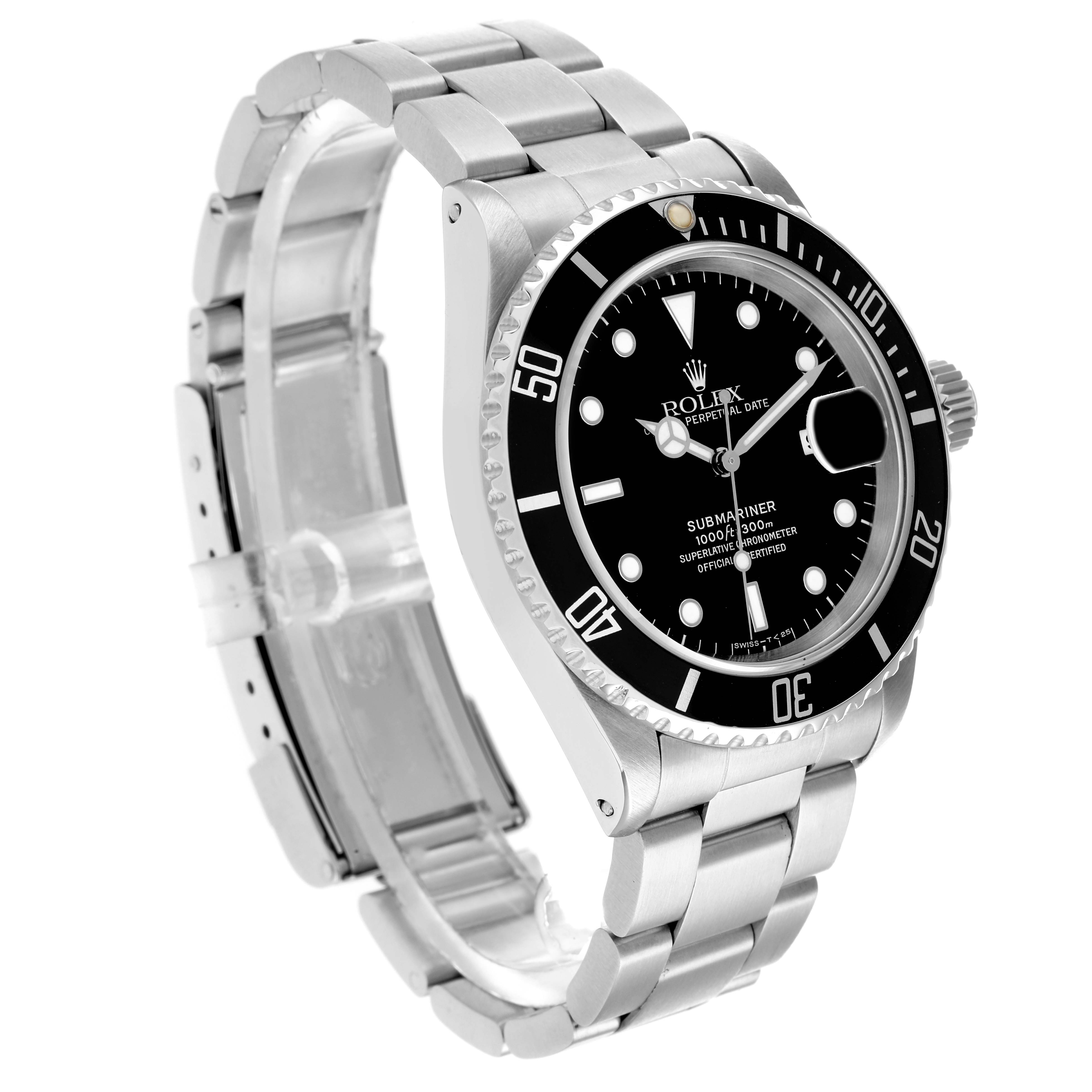 The Rolex Submariner 16610 Men
s Stainless Steel Black Dial is shown at a three-quarter angle, displaying the bezel, dial, bracelet, and partially the crown.