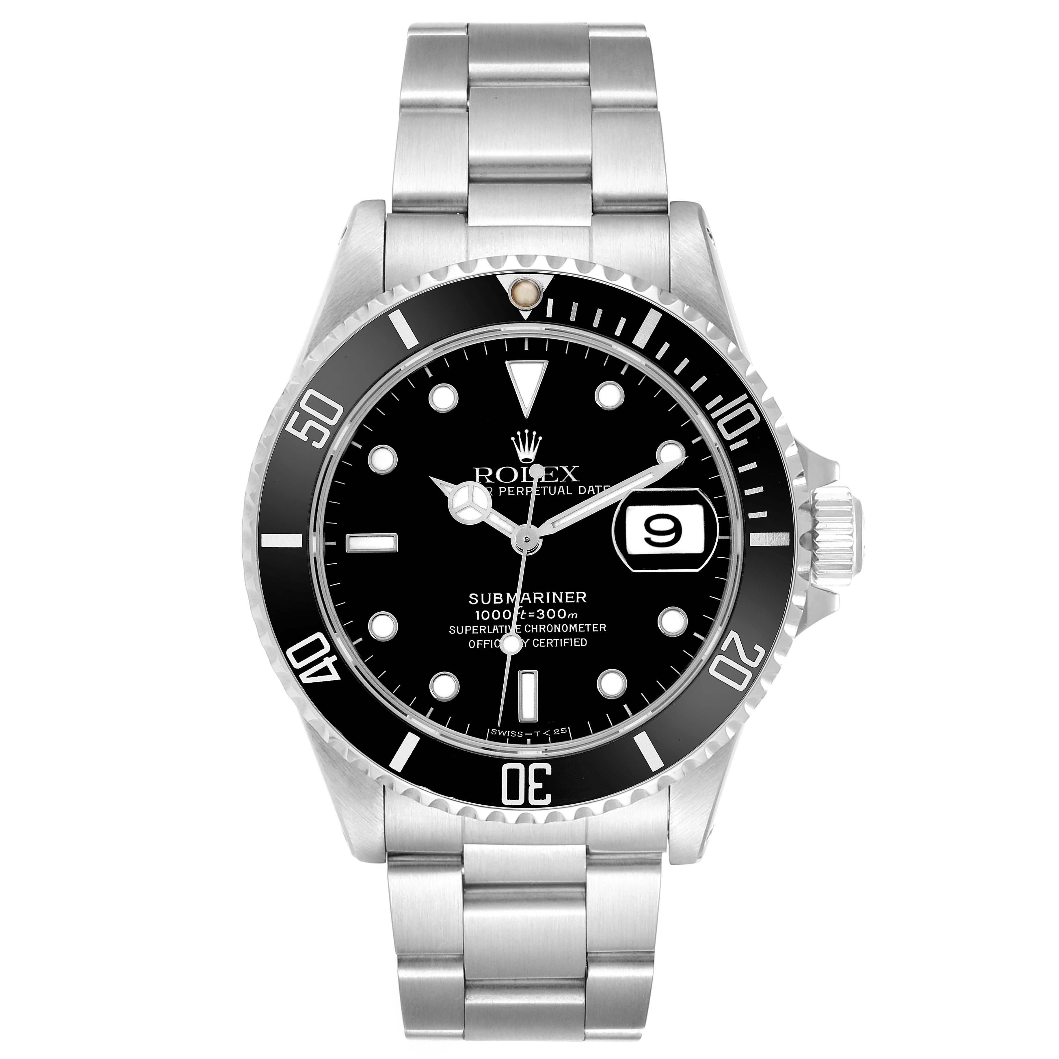 The Rolex Submariner 16610 Men
s Stainless Steel Black Dial watch is shown from a front angle, displaying its face, bezel, and bracelet.