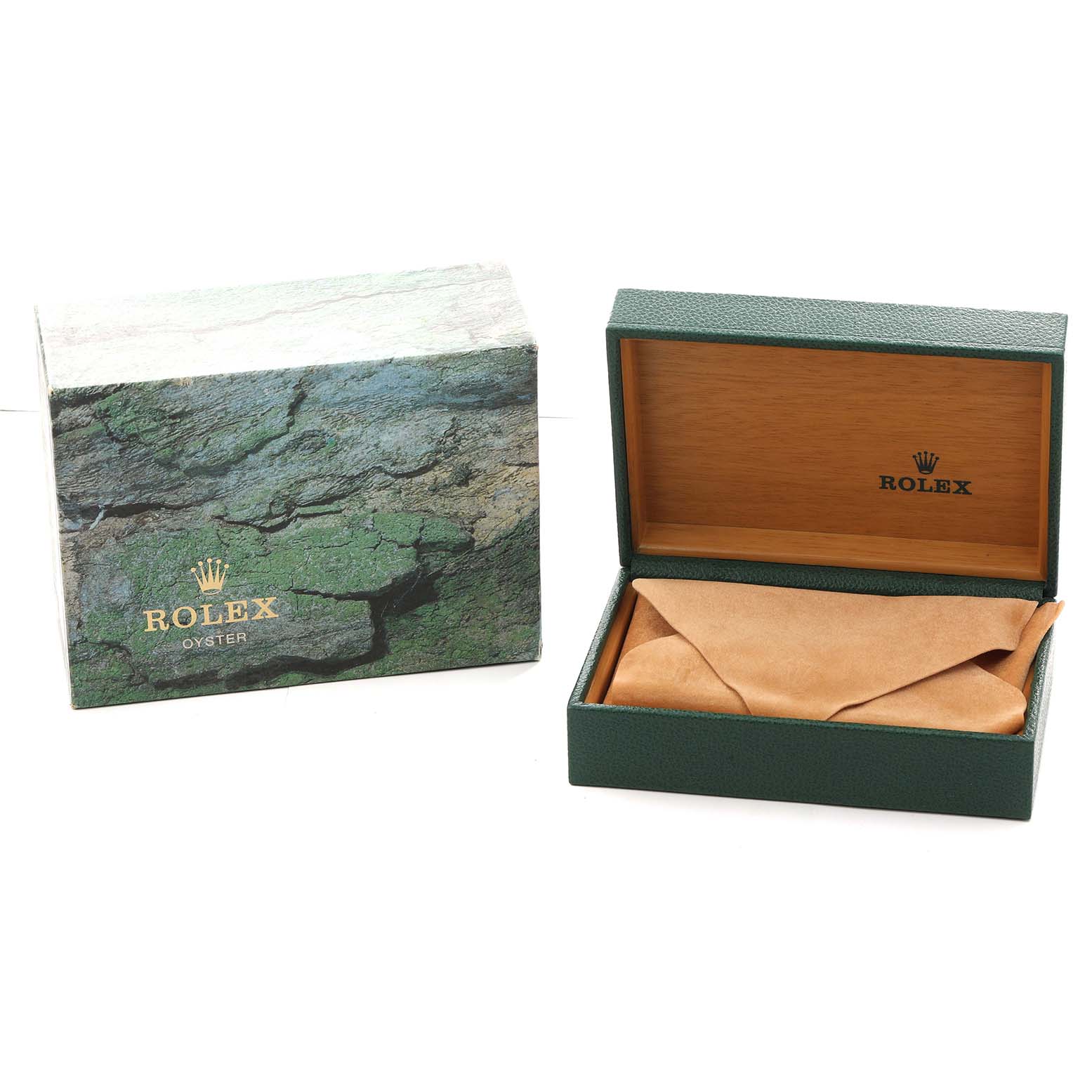 The image shows a Rolex Submariner 16610 Men
s Stainless Steel Black Dial box set with a green outer box and an open inner box lined with wood and fabric.