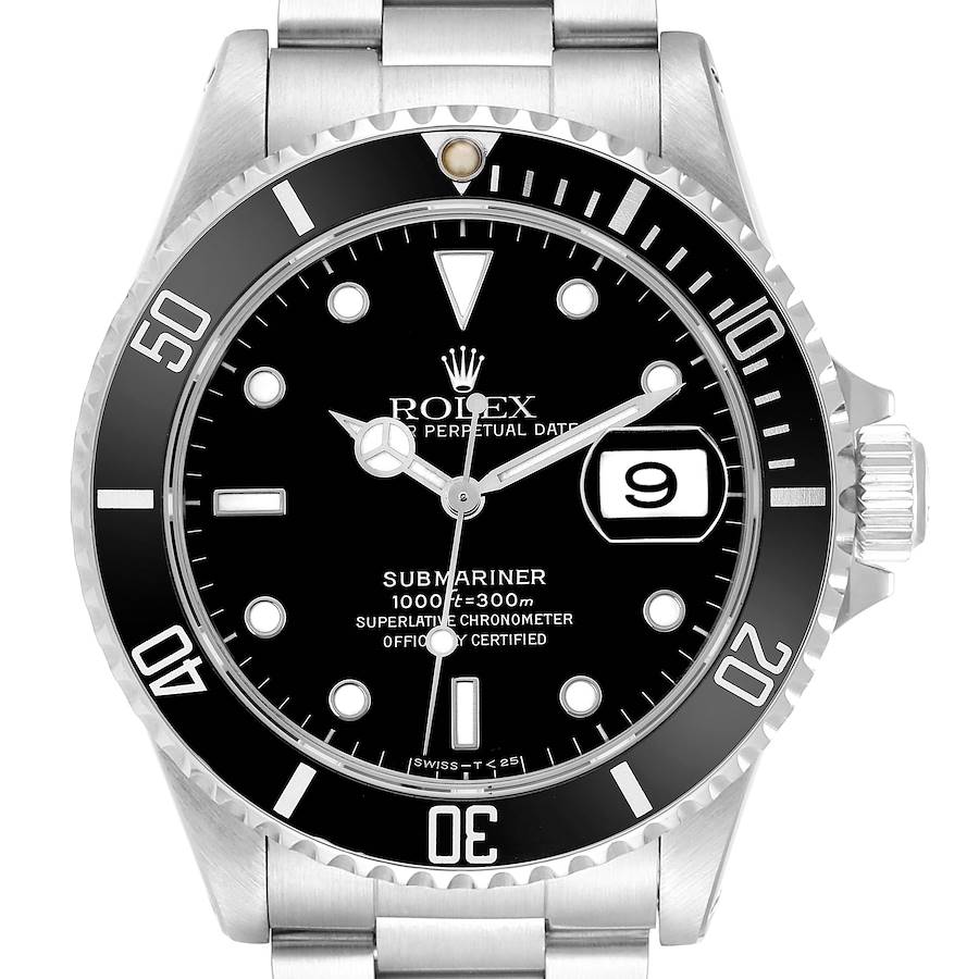 The Rolex Submariner 16610 Men's Stainless Steel Black Dial watch is shown from the front, displaying the face, bezel, markers, crown, and part of the stainless steel bracelet.
